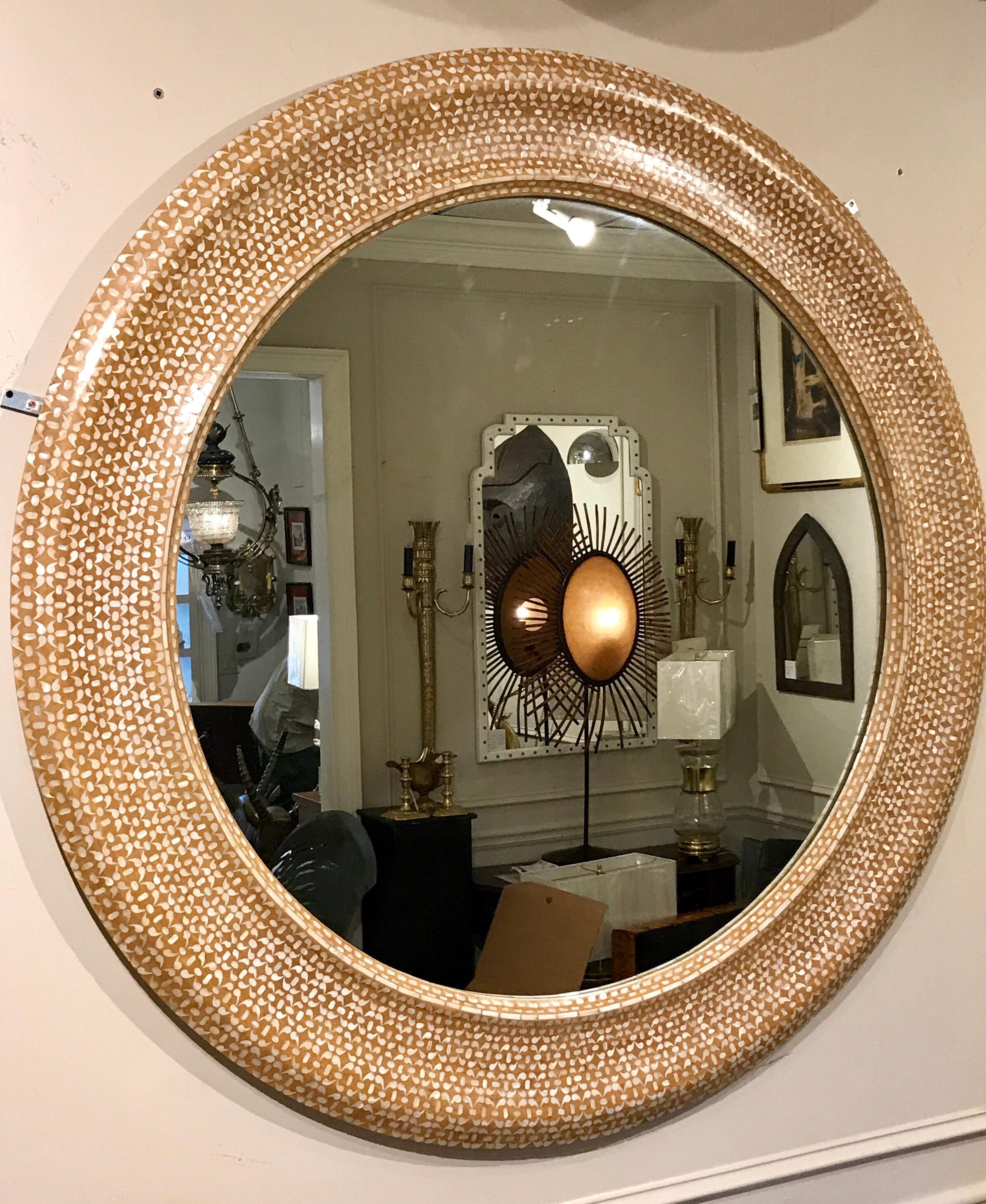 Huge Syrian style blondewood and mother-of-pearl inlay mirror, with a 43