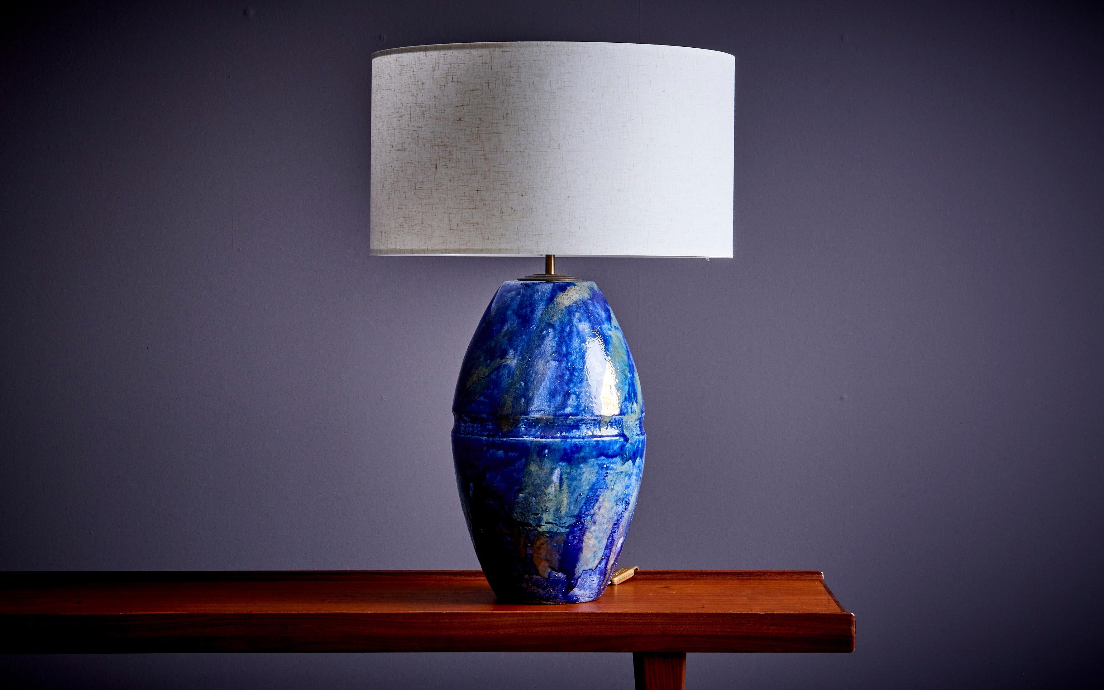 Mid-Century Modern Huge Table Lamp in Blue Ceramic, France - 1960s  For Sale