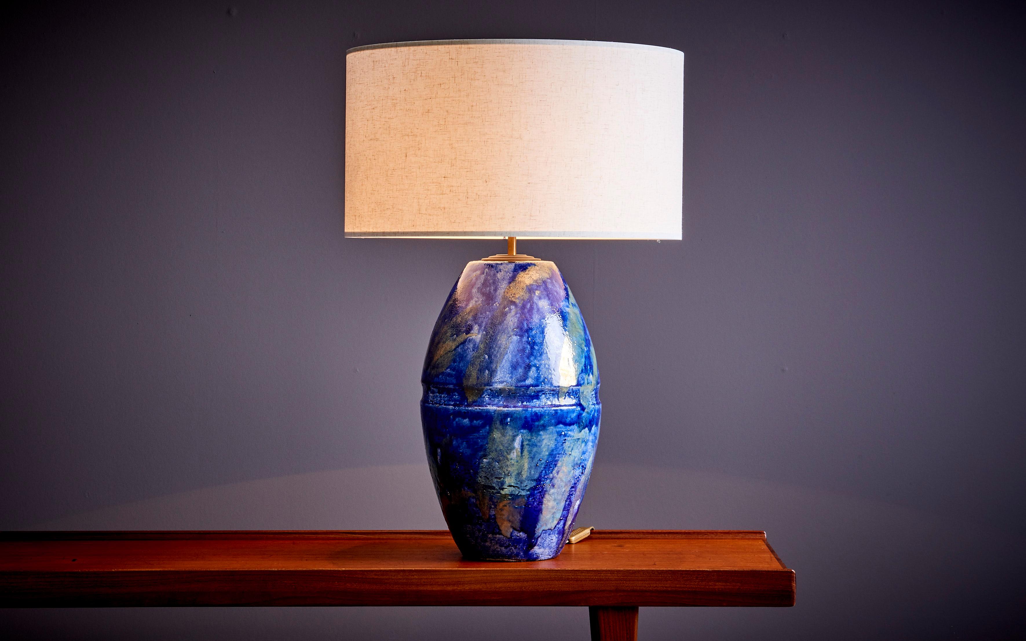 French Huge Table Lamp in Blue Ceramic, France - 1960s  For Sale