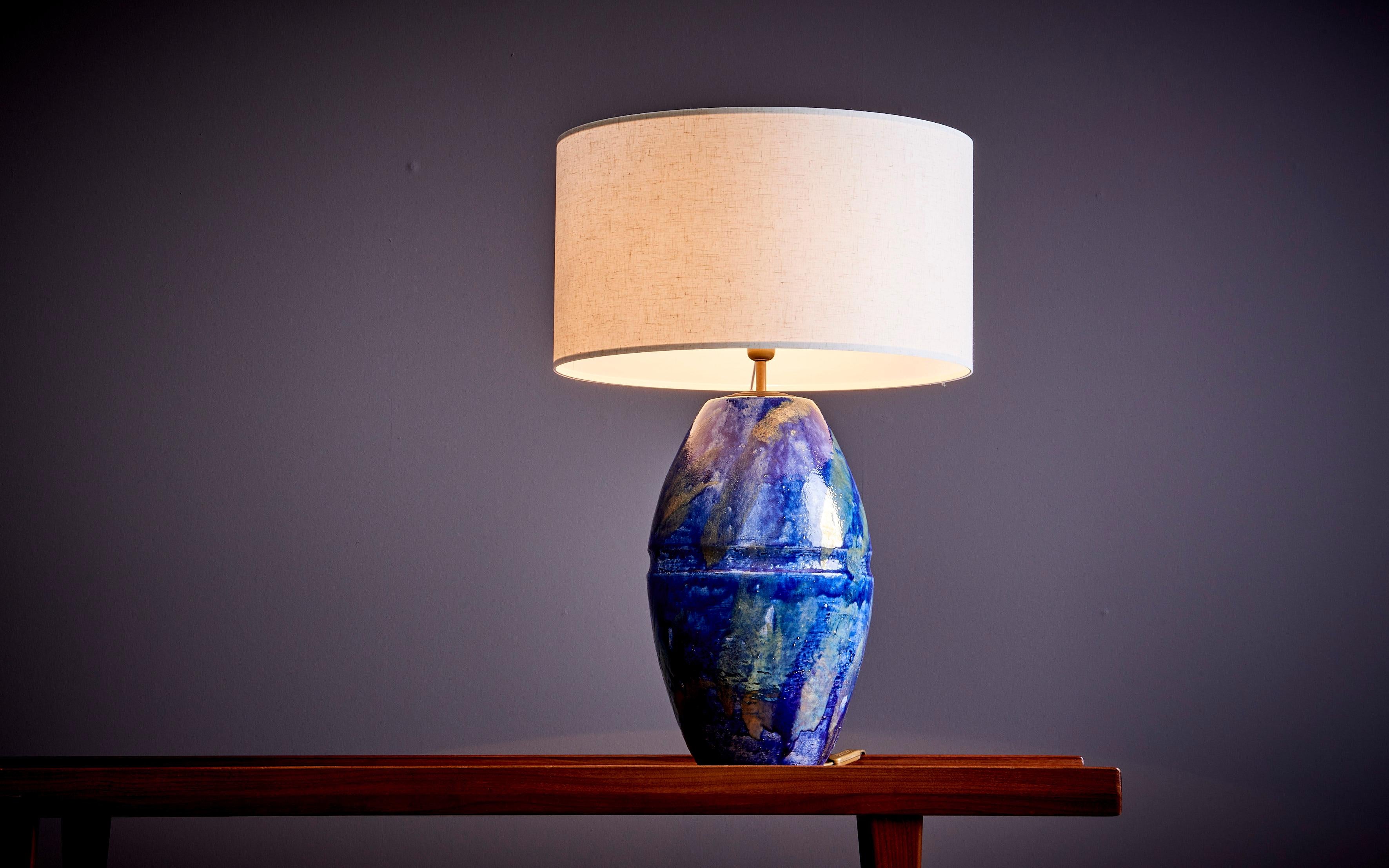 Huge Table Lamp in Blue Ceramic, France - 1960s  In Good Condition For Sale In Berlin, DE