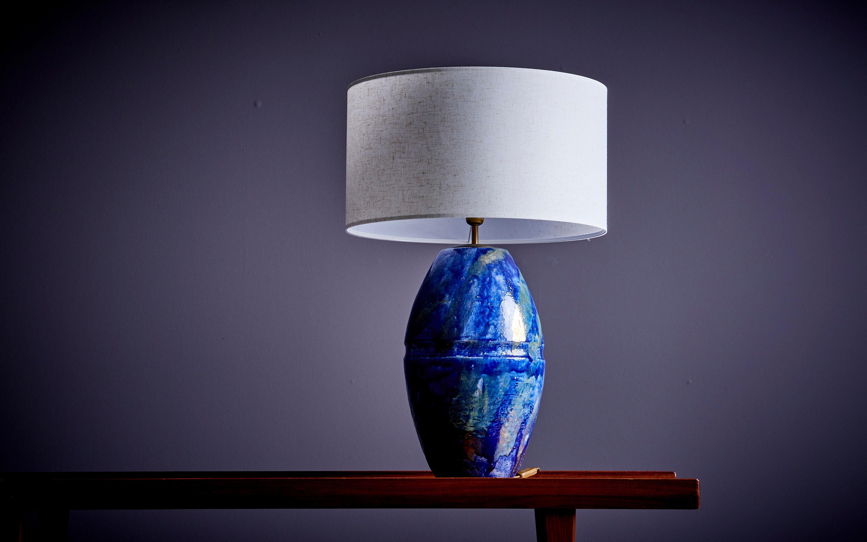 Mid-20th Century Huge Table Lamp in Blue Ceramic, France - 1960s  For Sale