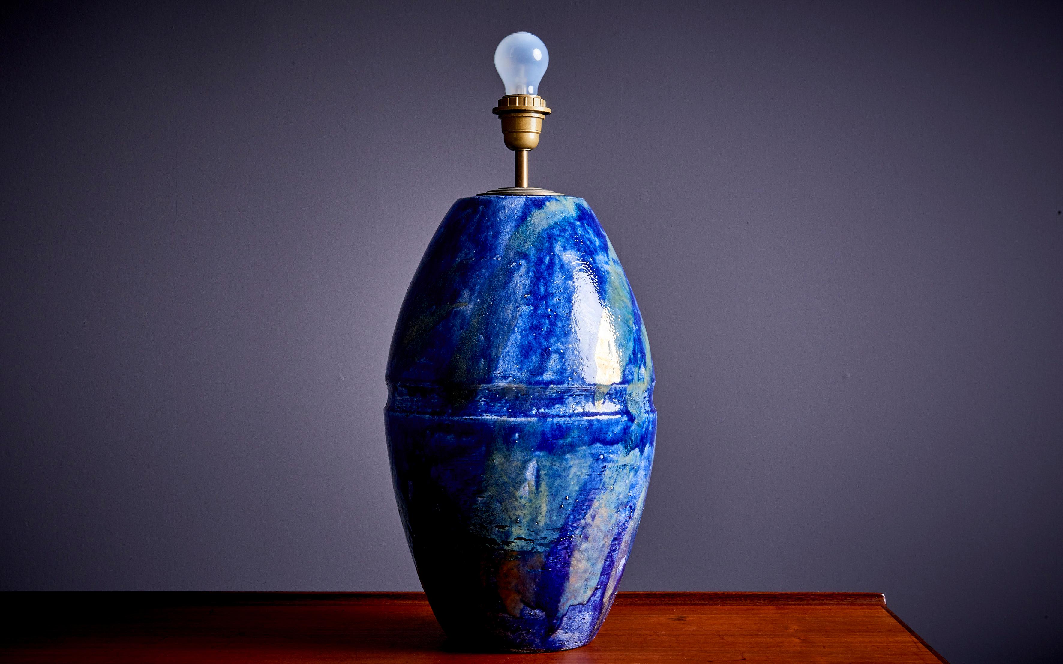 Huge Table Lamp in Blue Ceramic, France - 1960s  For Sale 1