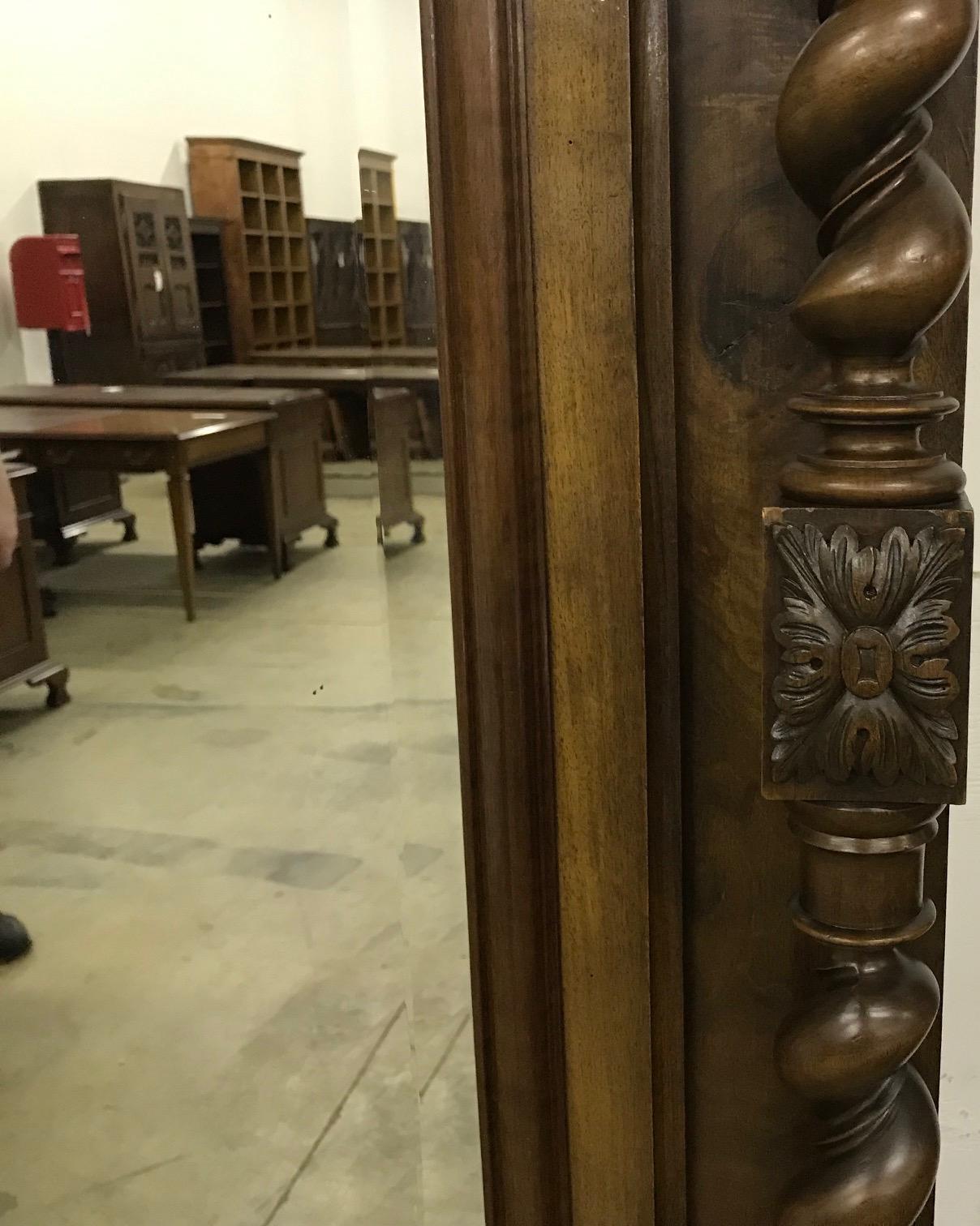 Huge Tall Barley Twist French Carved Walnut Armoire Wardrobe with Mirrored Doors In Good Condition In Atlanta, GA