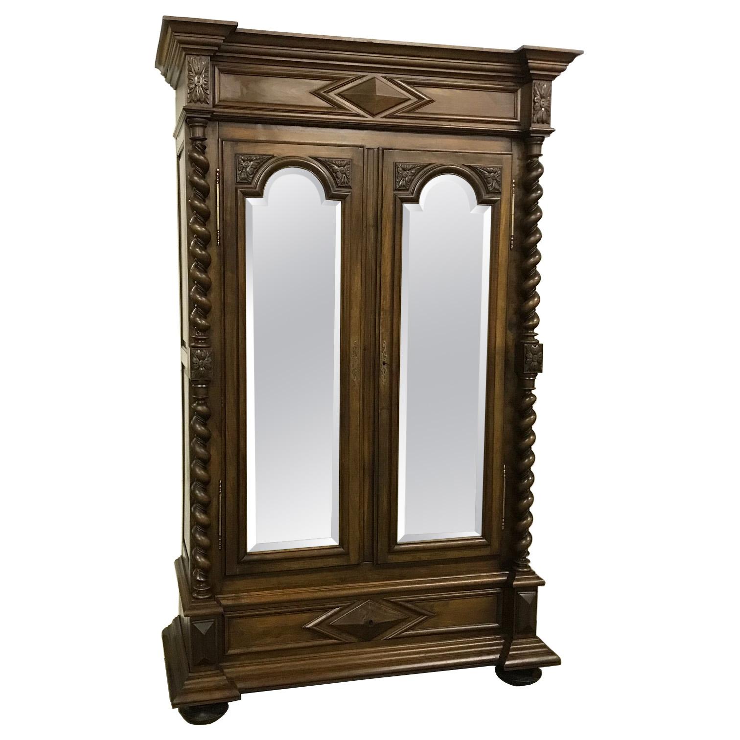 Huge Tall Barley Twist French Carved Walnut Armoire Wardrobe with Mirrored Doors