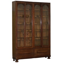 Huge Tall Solid English Oak Victorian Library Sliding Glass Door Bookcase
