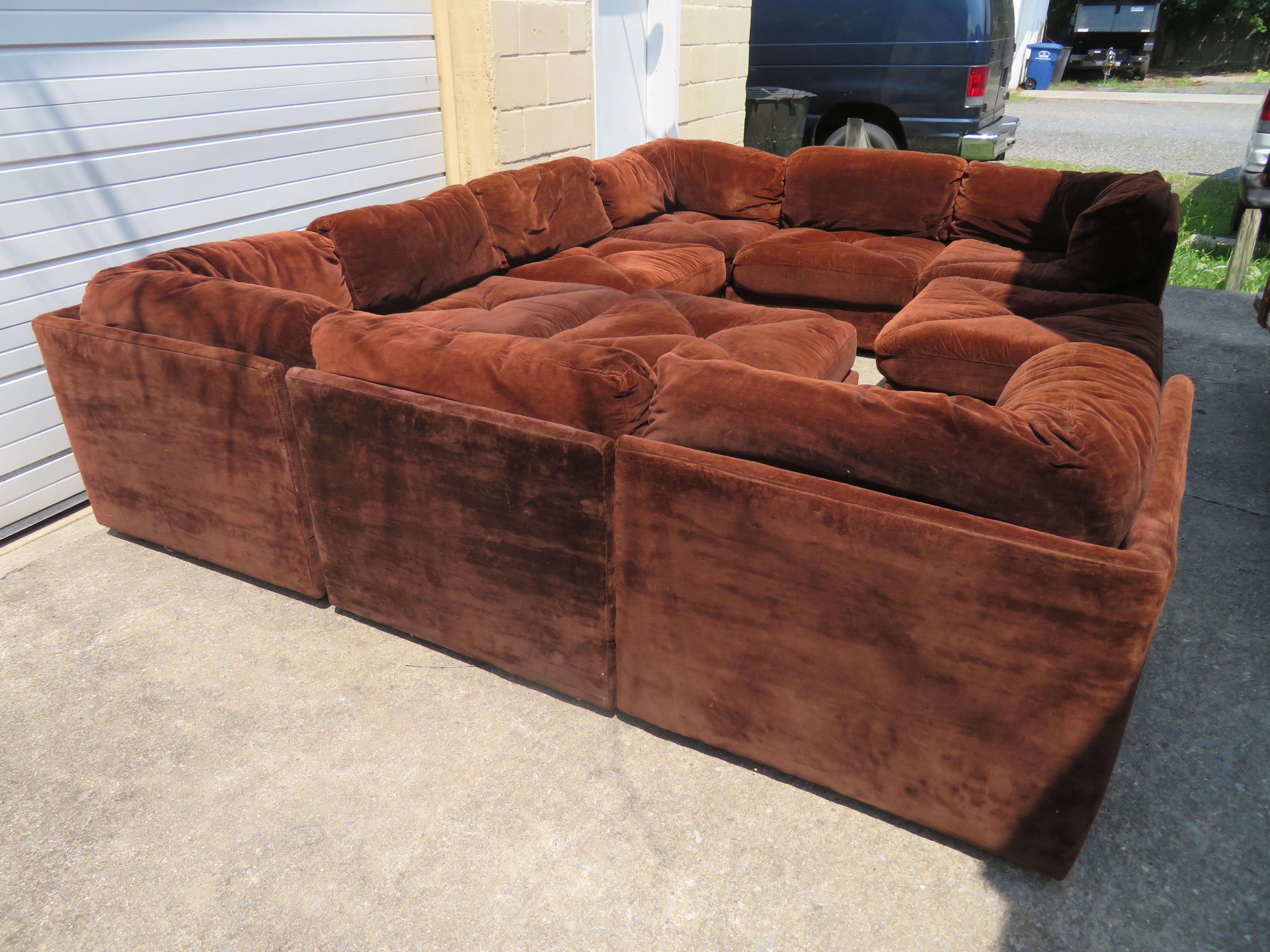 Huge ten-piece Milo Baughman style sectional sofa by Selig. We love this pit style cube sectional sofa and so will you-great for family rooms or man caves. This set includes four corner sections measuring 32