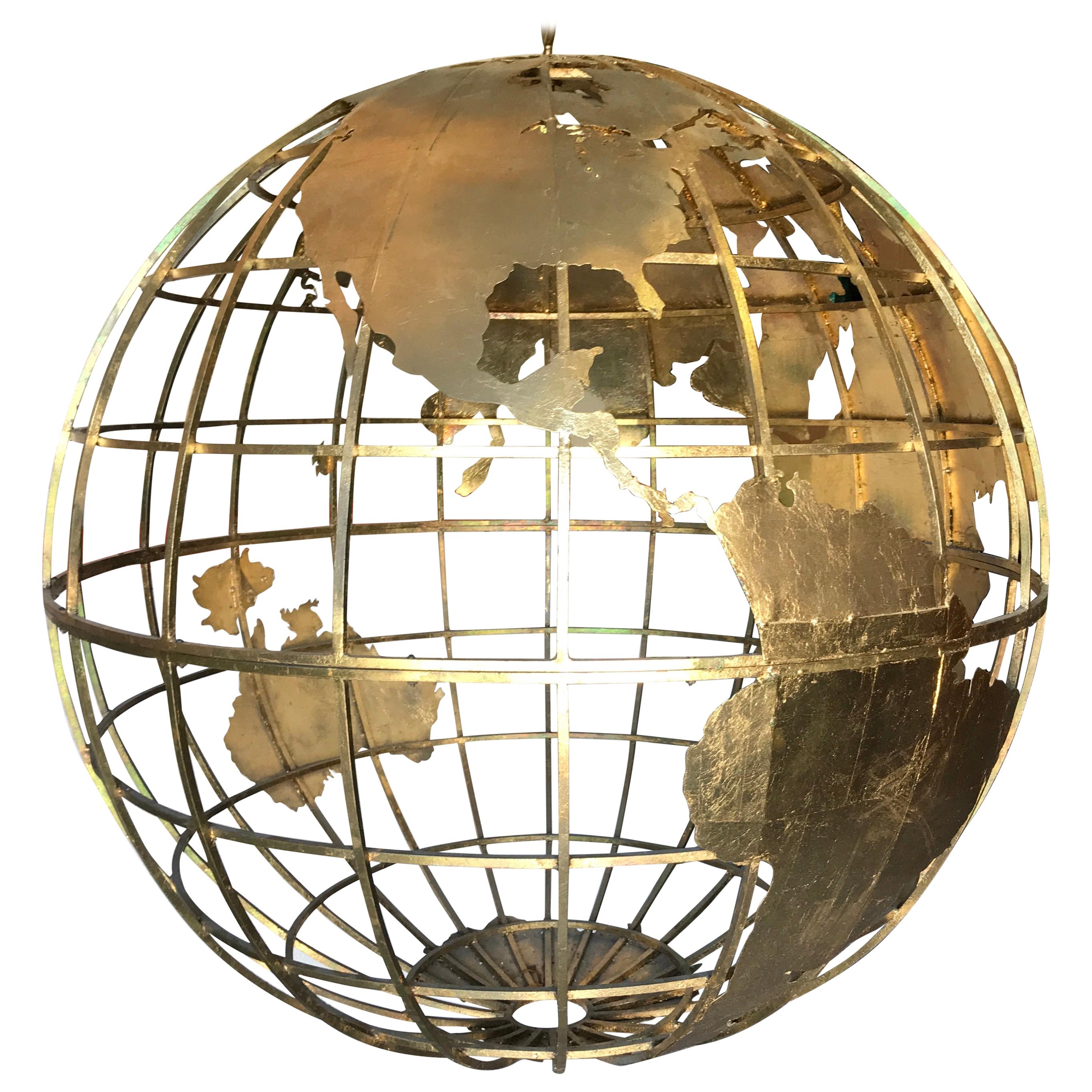 Huge Three Dimensional Gilt Metal World Globe Sculpture 