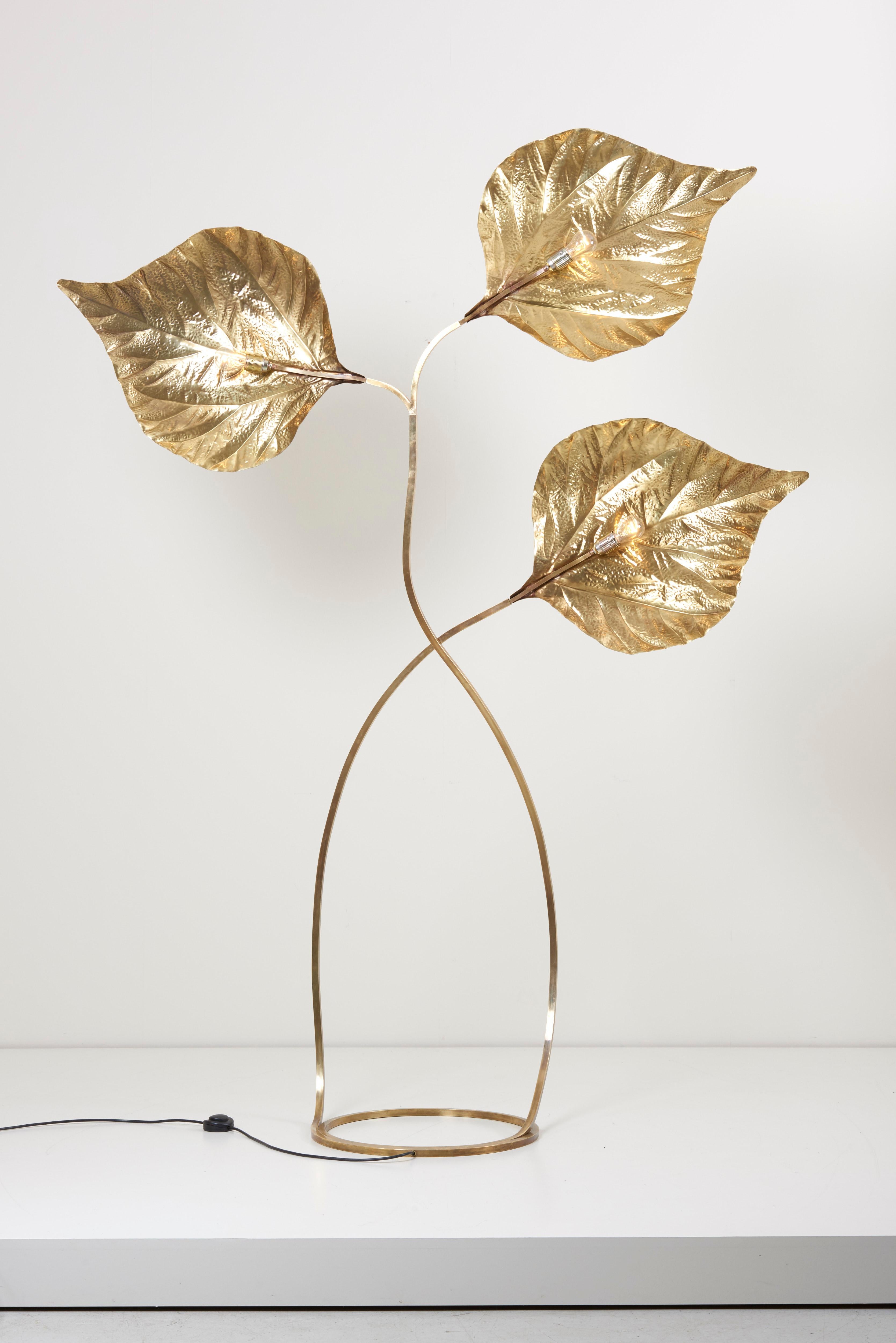Italian Huge Three Rhubarb Leaves Brass Floor Lamp by Tommaso Barbi