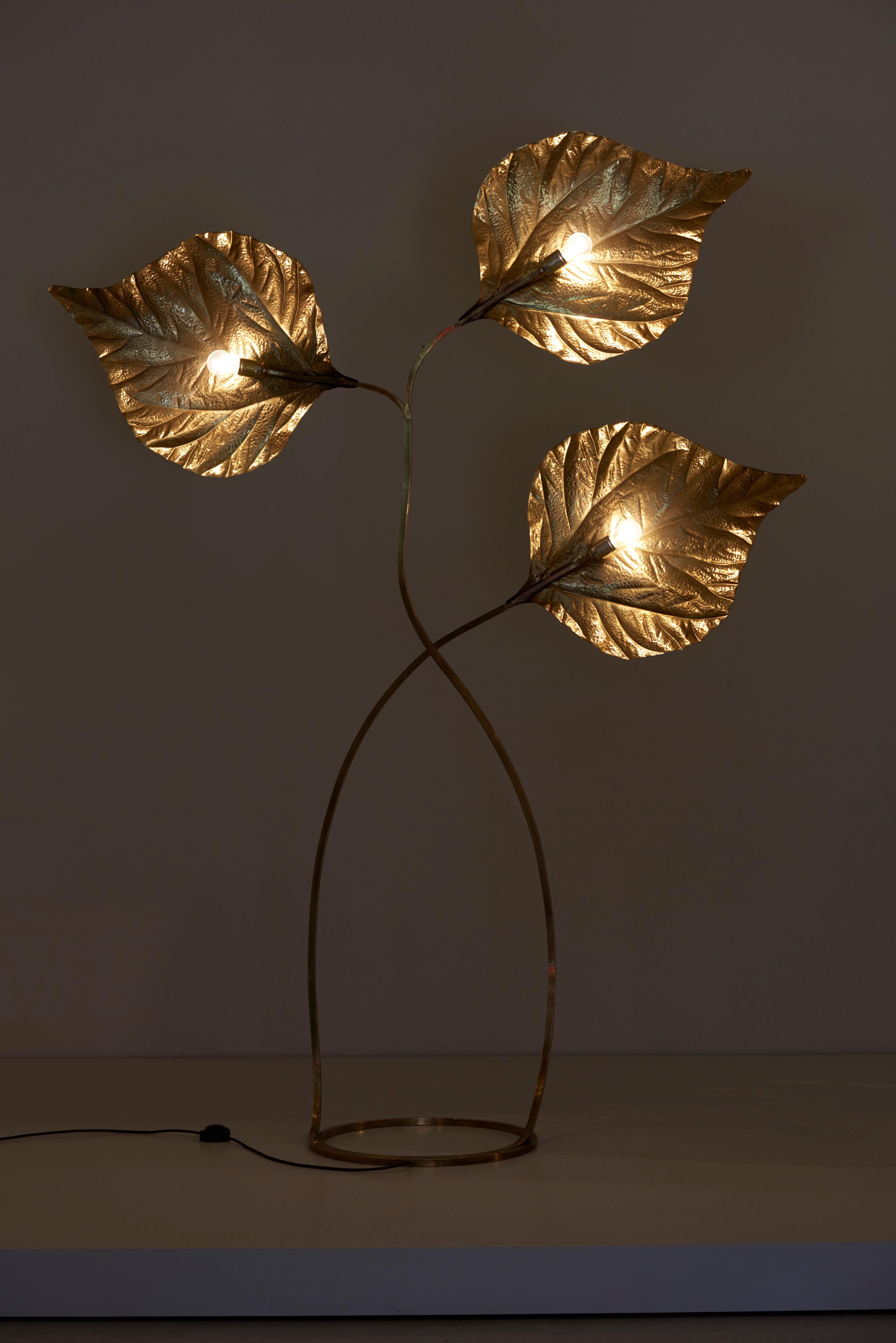Late 20th Century Huge Three Rhubarb Leaves Brass Floor Lamp by Tommaso Barbi