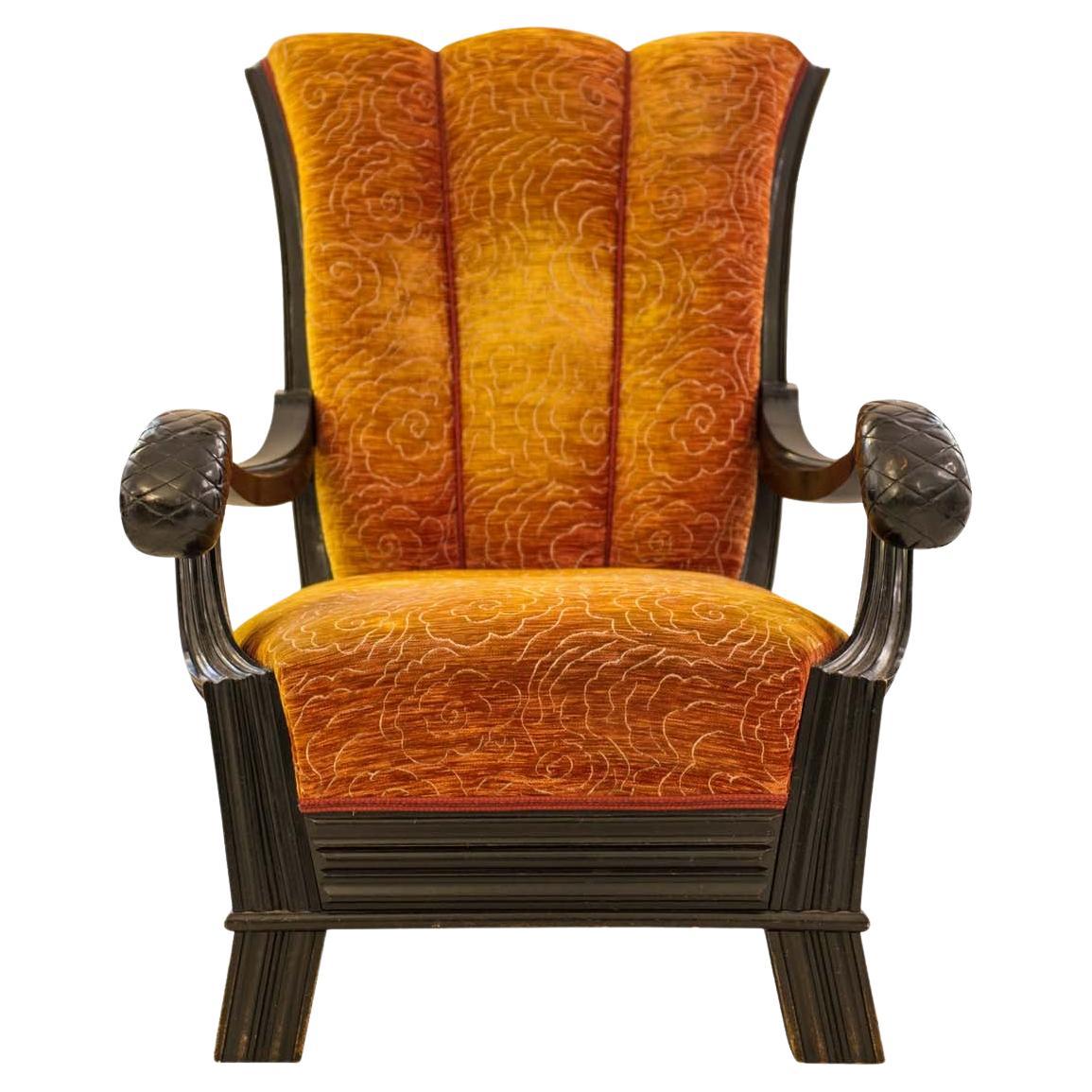 Huge Throne, Otto Prutscher Attributed Chair, Beechwood and Floral Upholstery For Sale