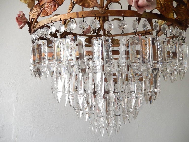 Huge Tole Porcelain Roses and Crystal Prisms Chandelier For Sale at 1stdibs