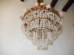 Huge Tole Porcelain Roses and Tiers of Crystal Prisms Chandelier