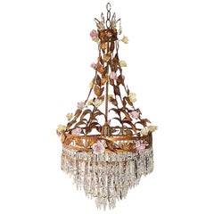 Huge Tole Porcelain Roses and Tiers of Crystal Prisms Chandelier