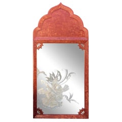 Huge Tony Duquette Red Full Length Floor Mirror with Etched Nude Maiden