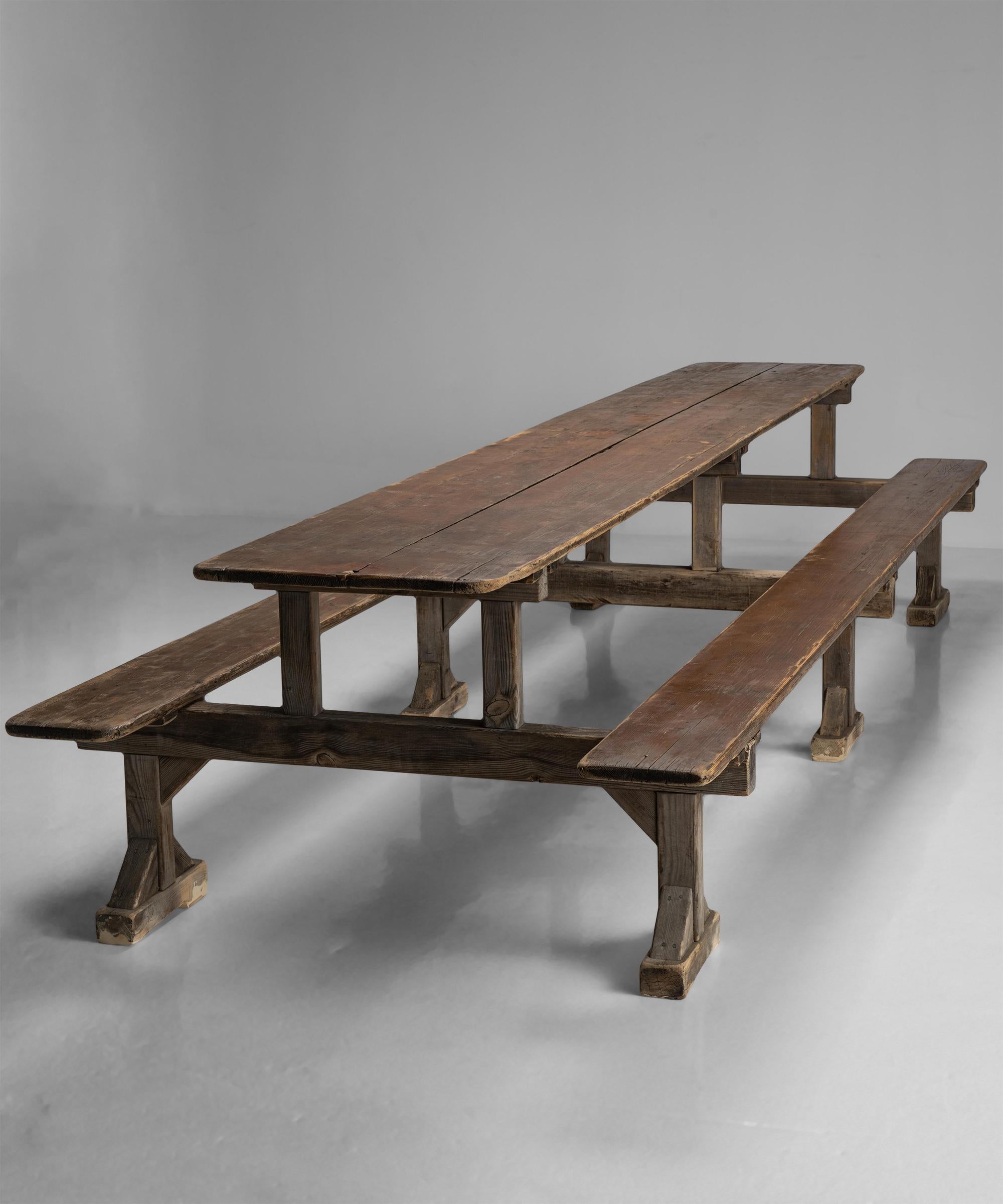 Huge Trestle Table with Benches, France, Circa 1900 In Good Condition In Culver City, CA