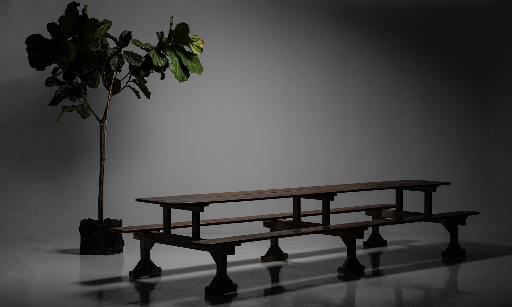 Pine Huge Trestle Table with Benches, France, Circa 1900