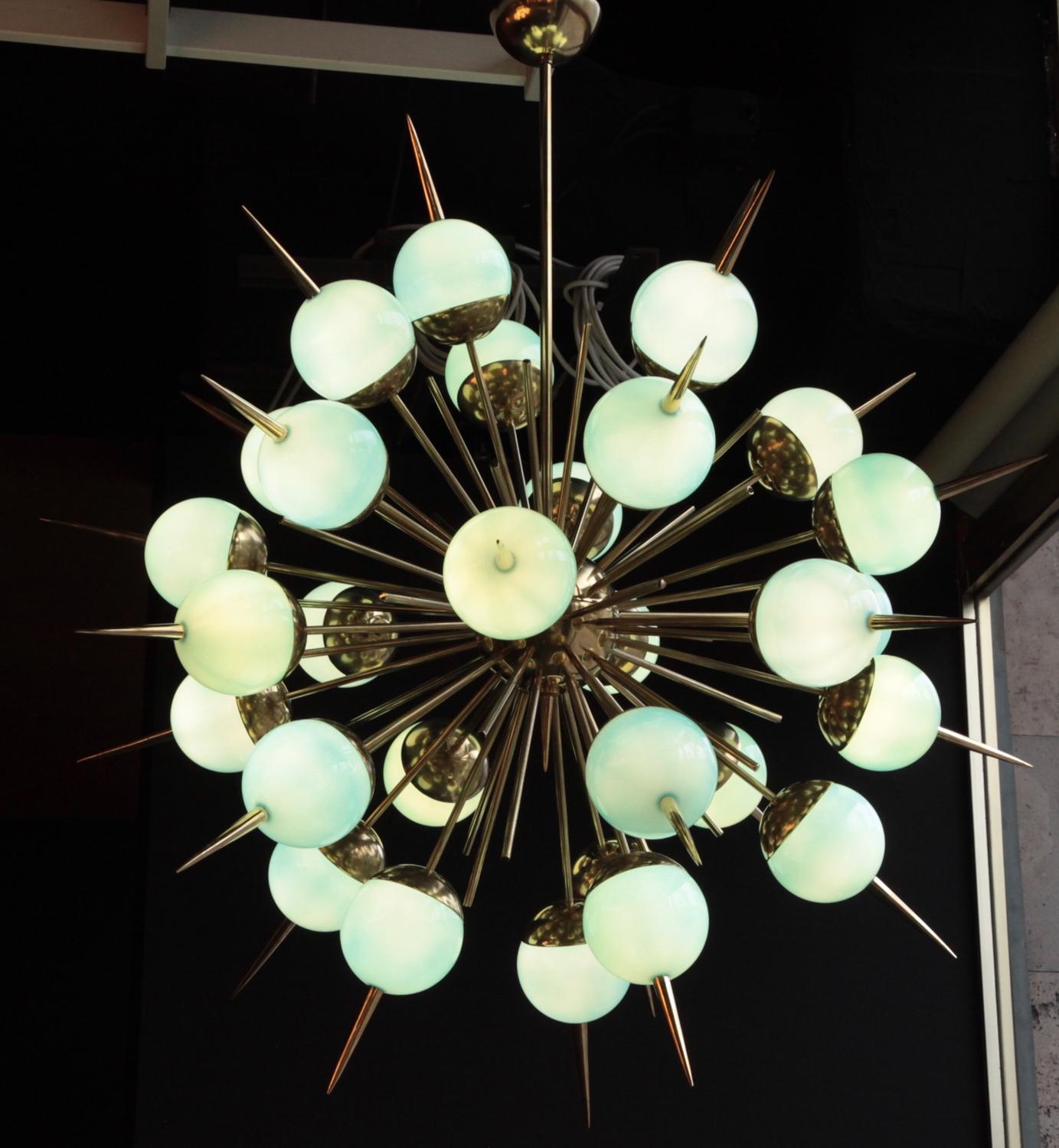 Hollywood Regency 1 of 2 Huge Turquoise Color Murano Glass and Brass Sputnik Chandeliers