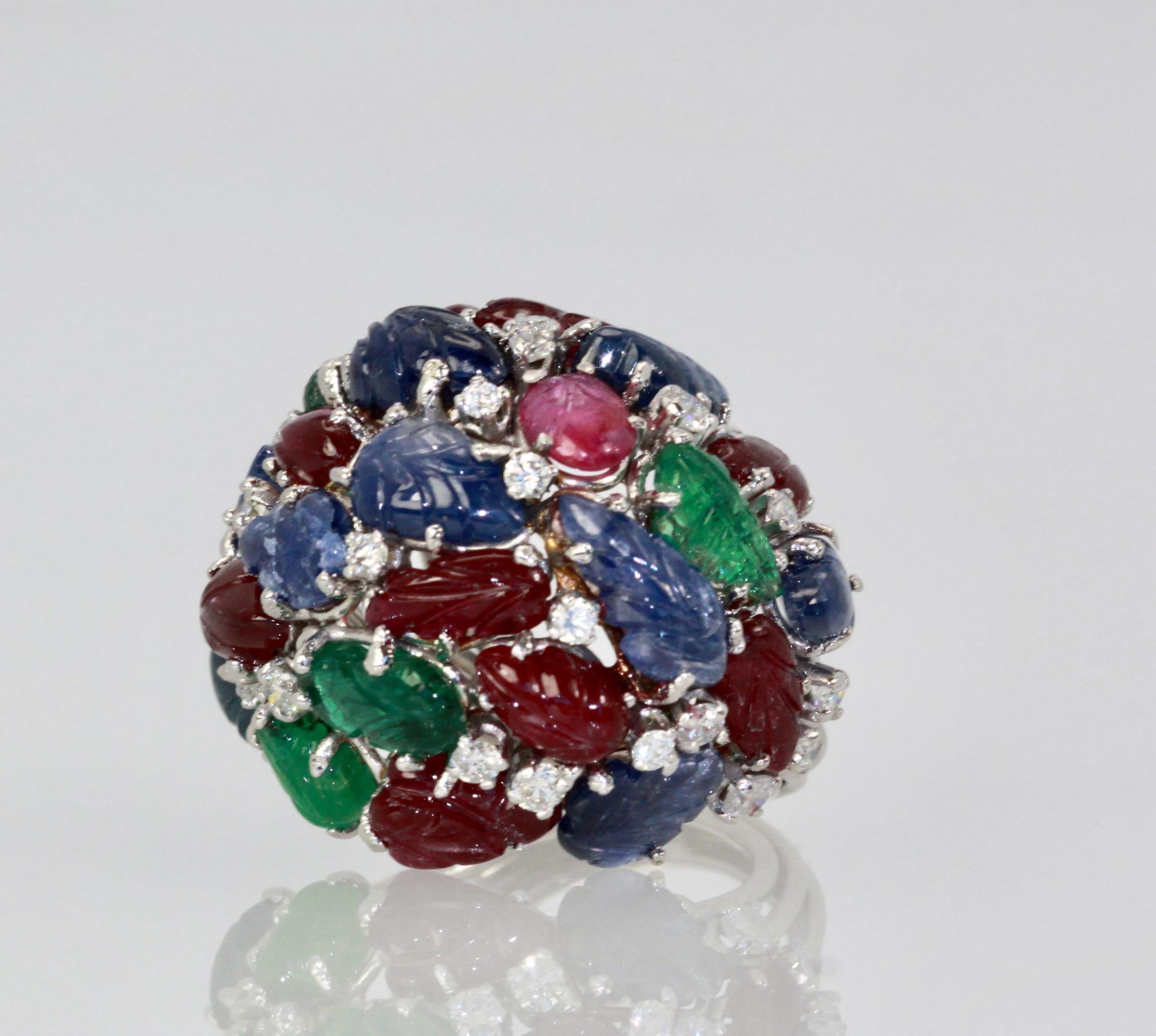 Huge Tutti Frutti 18K Ring, Emeralds, Rubies, Sapphires and Diamonds For Sale 1