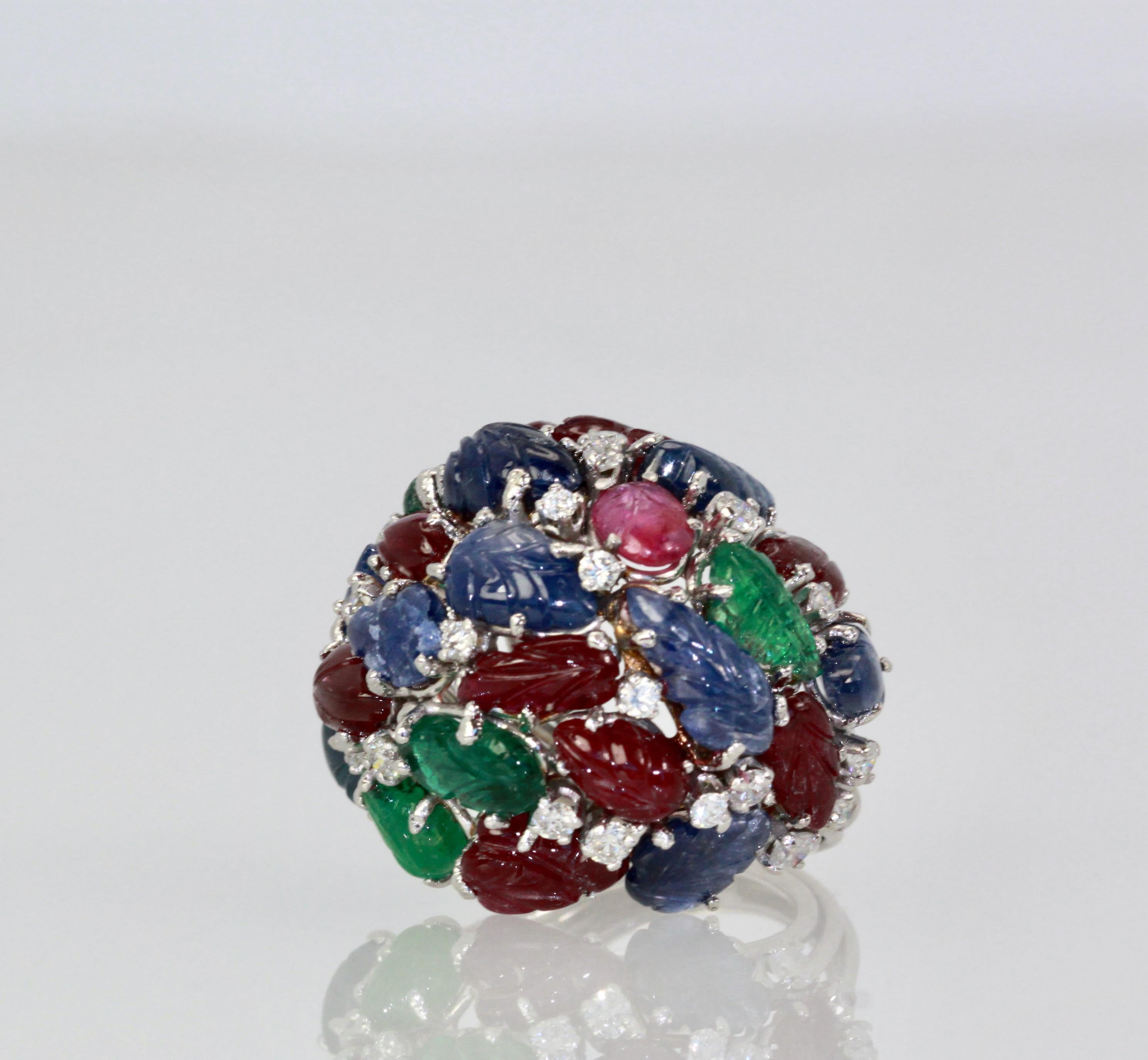 Emerald Cut Huge Tutti Frutti 18K Ring, Emeralds, Rubies, Sapphires and Diamonds For Sale
