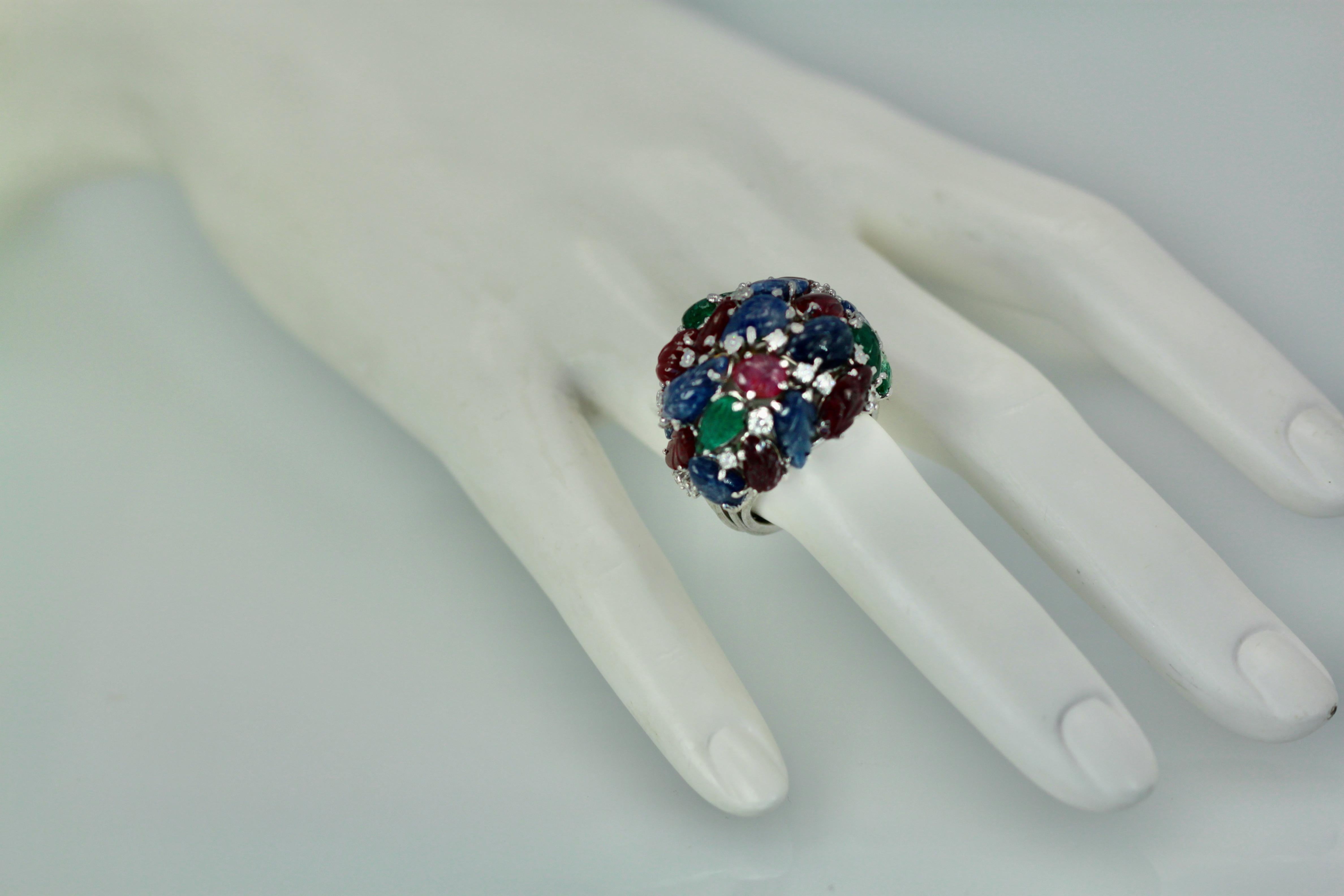 Women's Huge Tutti Frutti 18K Ring, Emeralds, Rubies, Sapphires and Diamonds For Sale