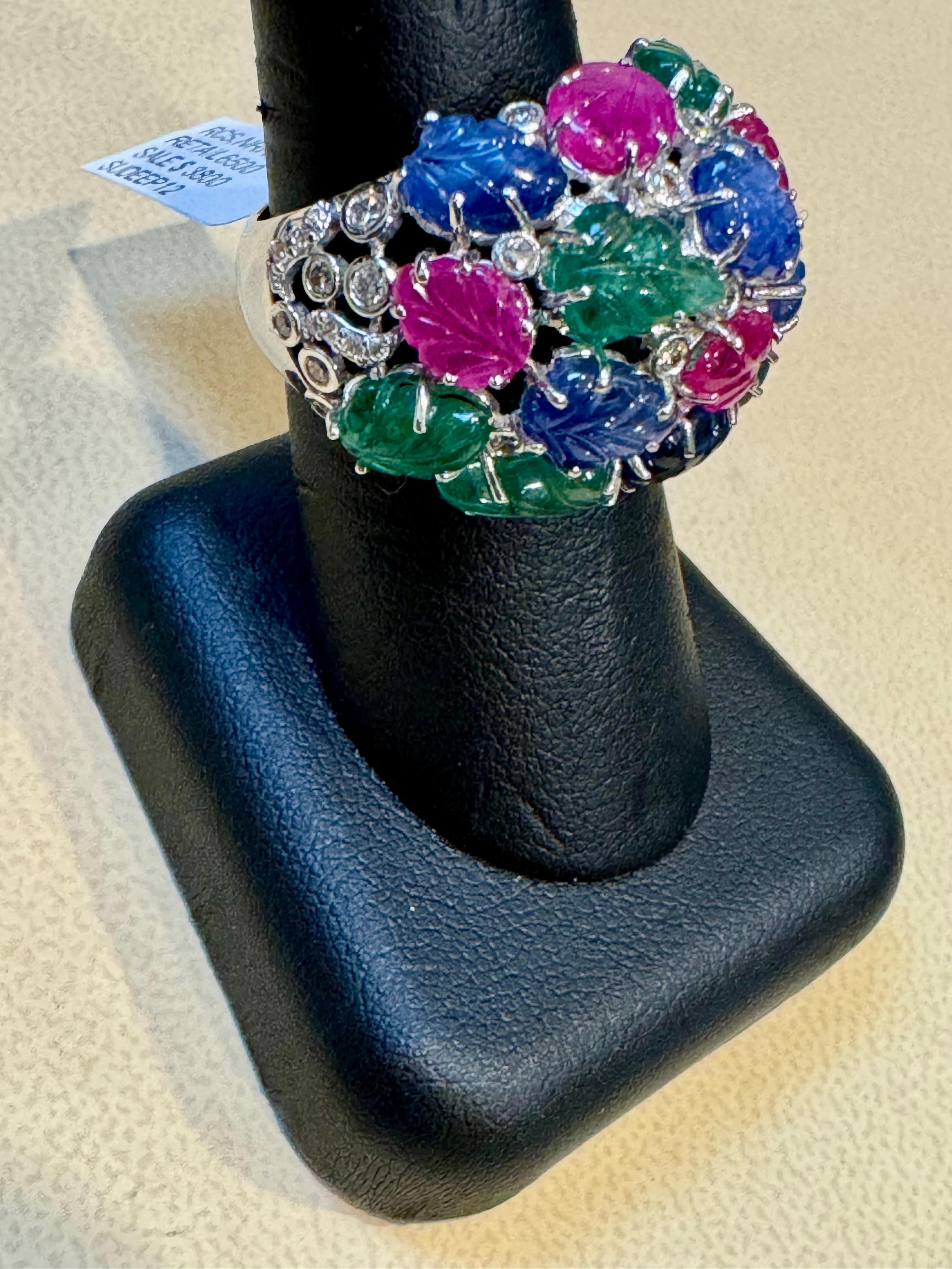 Huge Tutti Frutti 18K Ring, Natural Emeralds, Rubies, Sapphires  Diamonds Size 9 For Sale 7