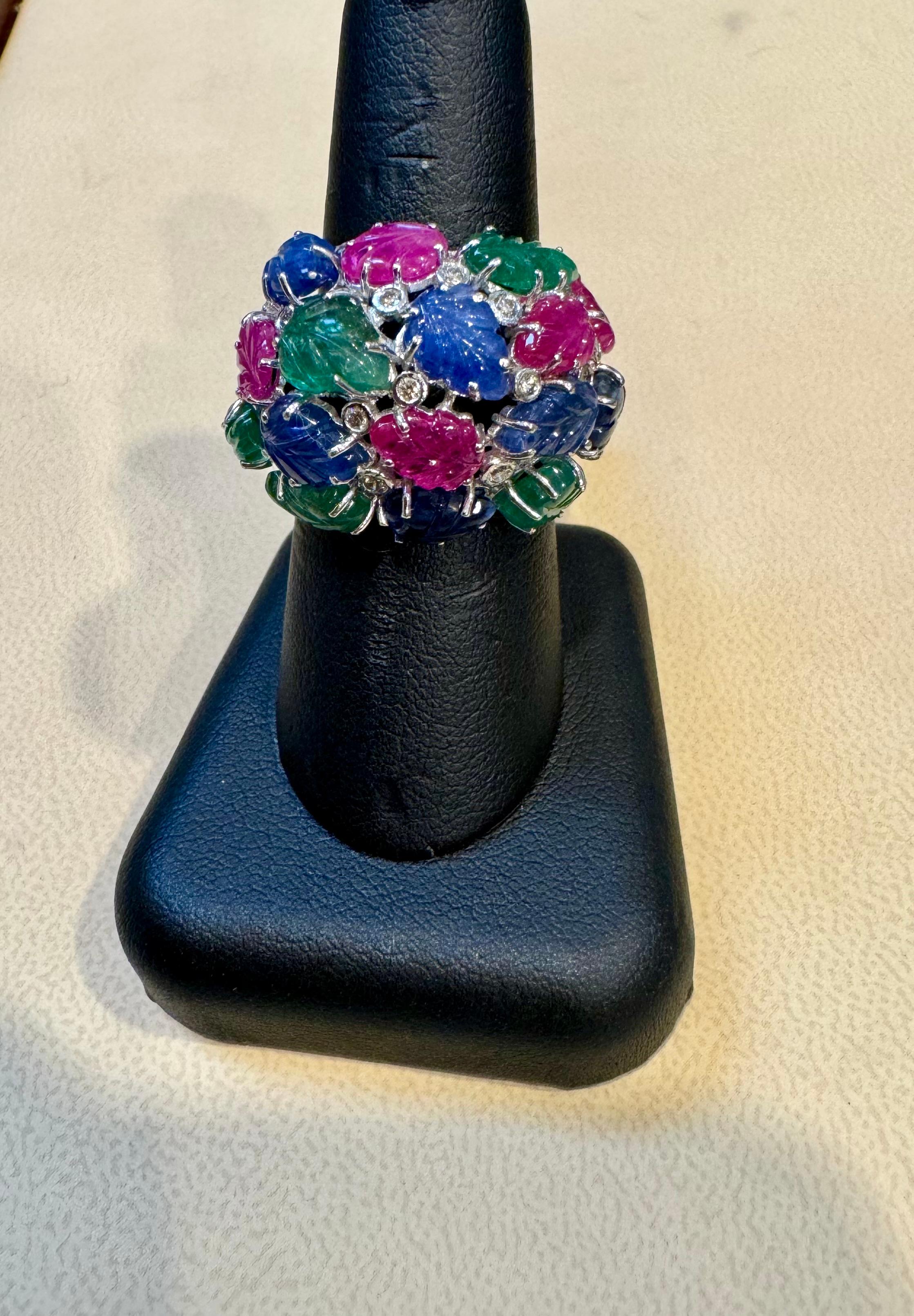 Huge Tutti Frutti 18K Ring, Natural Emeralds, Rubies, Sapphires  Diamonds Size 9 For Sale 10