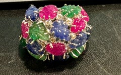 Huge Tutti Frutti 18K Ring, Natural Emeralds, Rubies, Sapphires  Diamonds Size 9