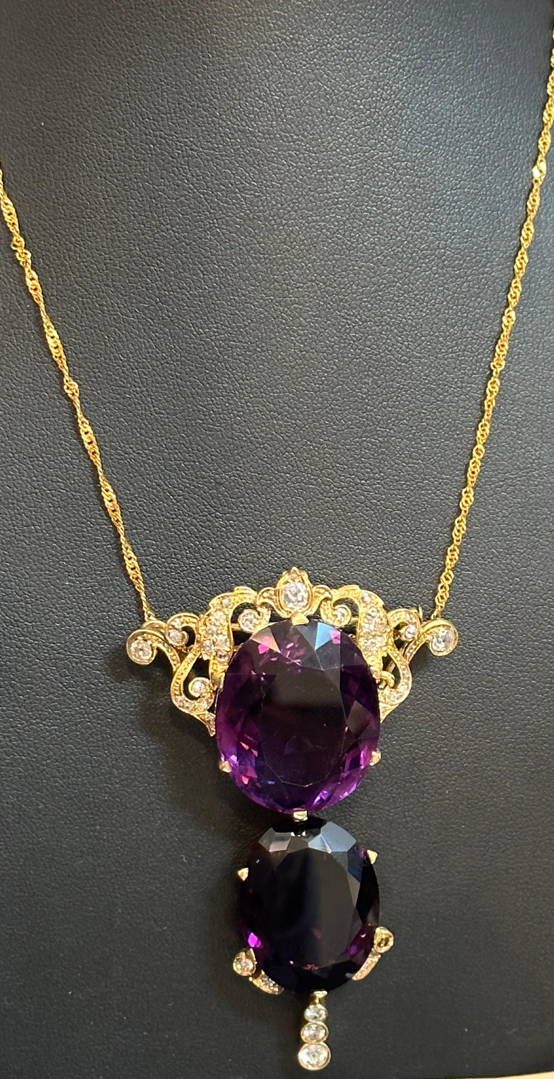 Huge Two Oval Shape Amethyst Pendant Necklace/ Pin & Diamonds 14 Kt Yellow Gold  For Sale 5