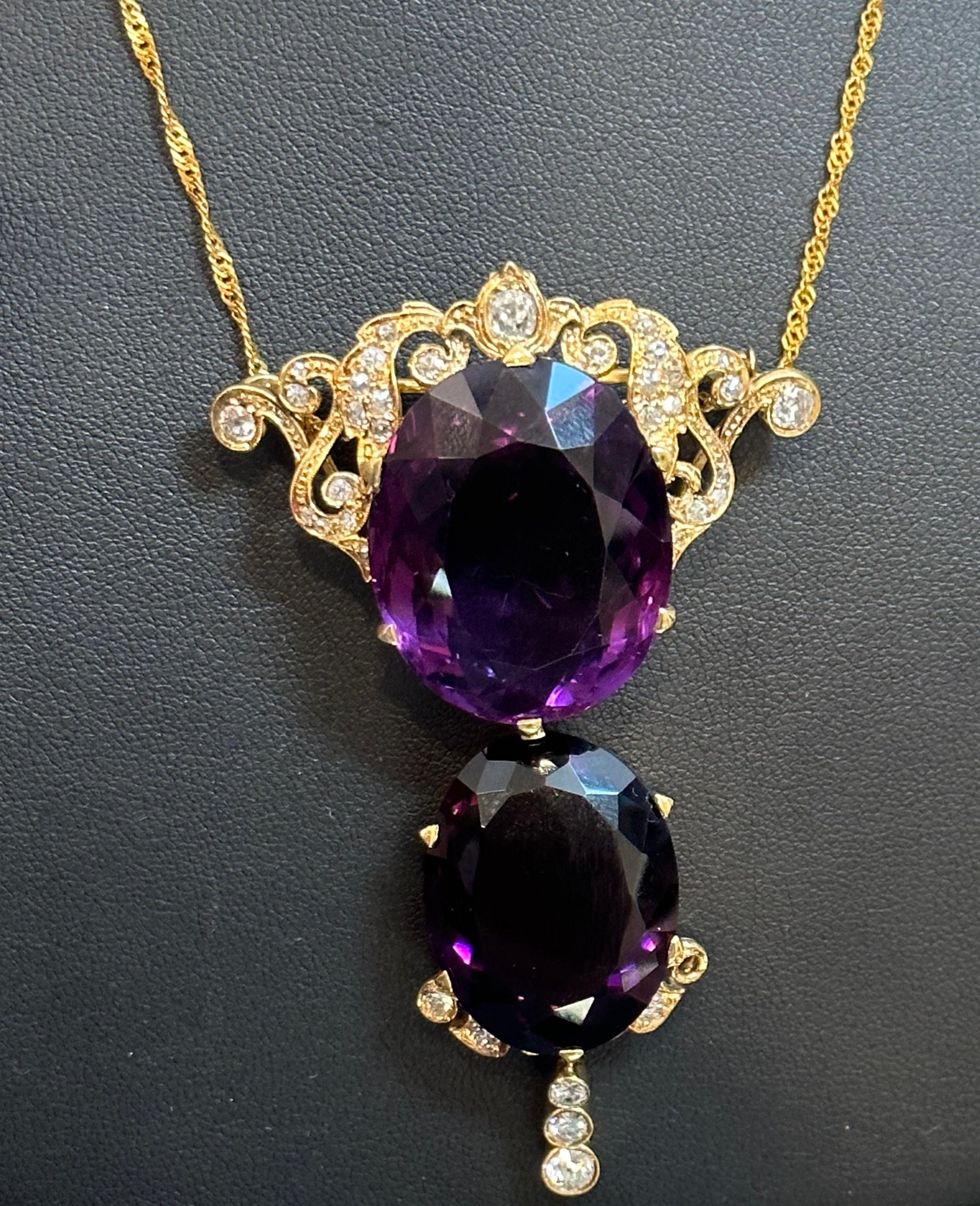 Huge Two Oval Shape Amethyst Pendant Necklace/ Pin & Diamonds 14 Kt Yellow Gold  For Sale 6
