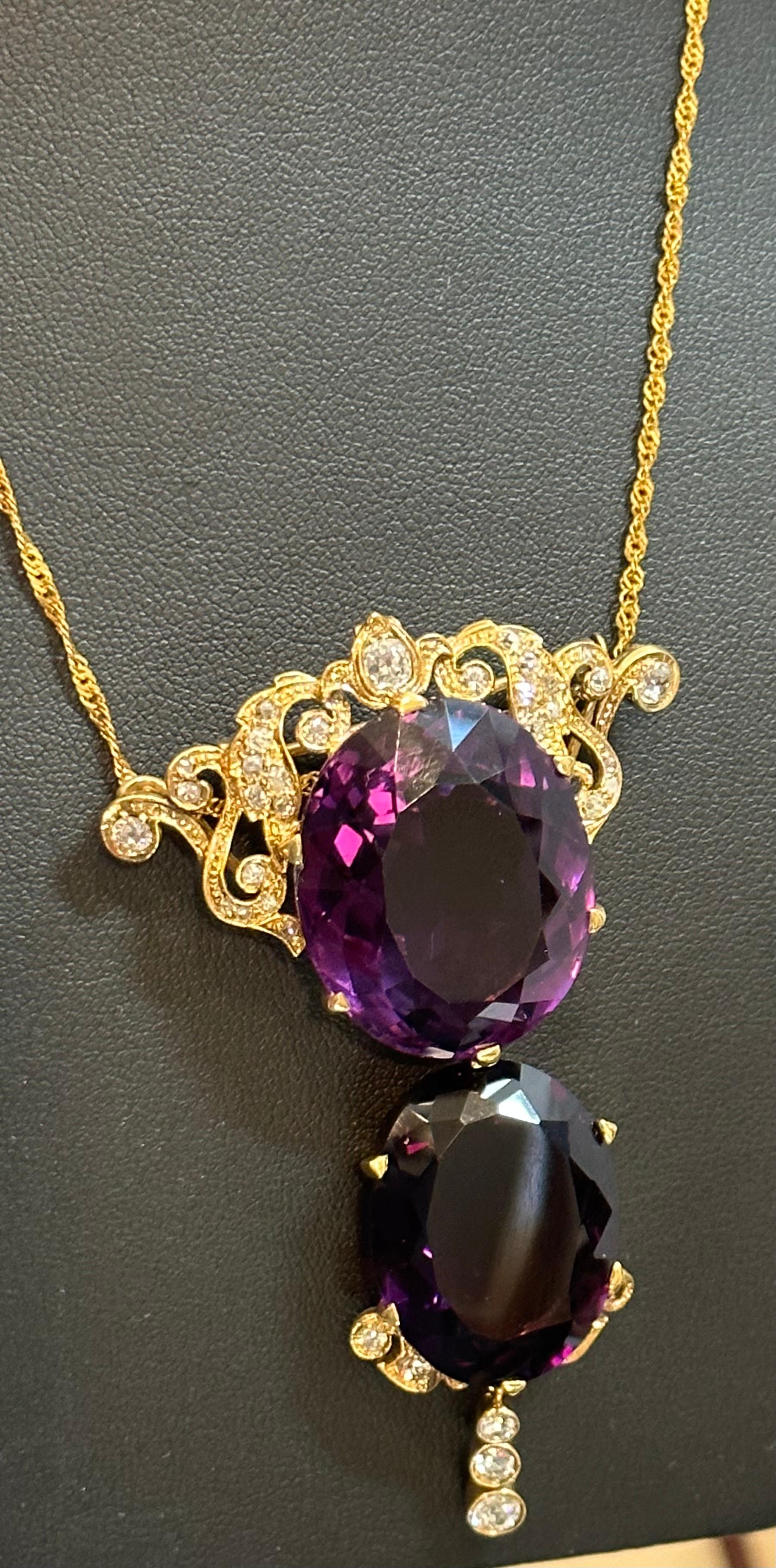 Huge Two Oval Shape Amethyst Pendant Necklace/ Pin & Diamonds 14 Kt Yellow Gold  For Sale 7