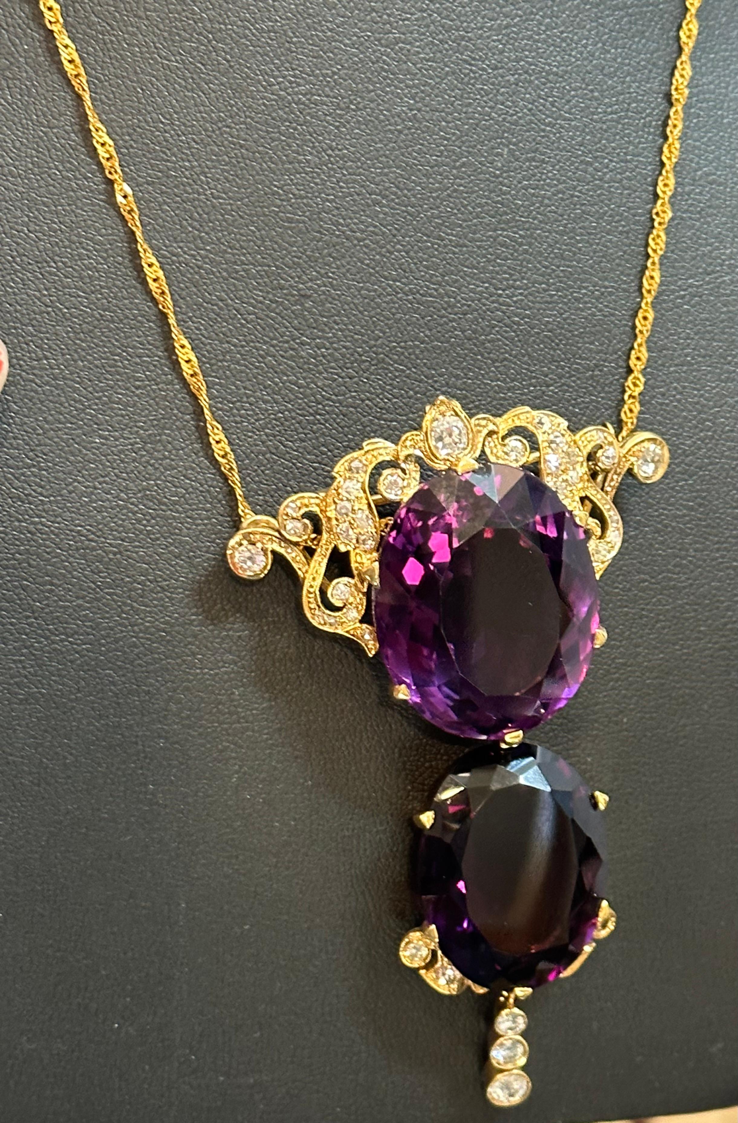 Huge Two Oval Shape Amethyst Pendant Necklace/ Pin & Diamonds 14 Kt Yellow Gold  For Sale 8
