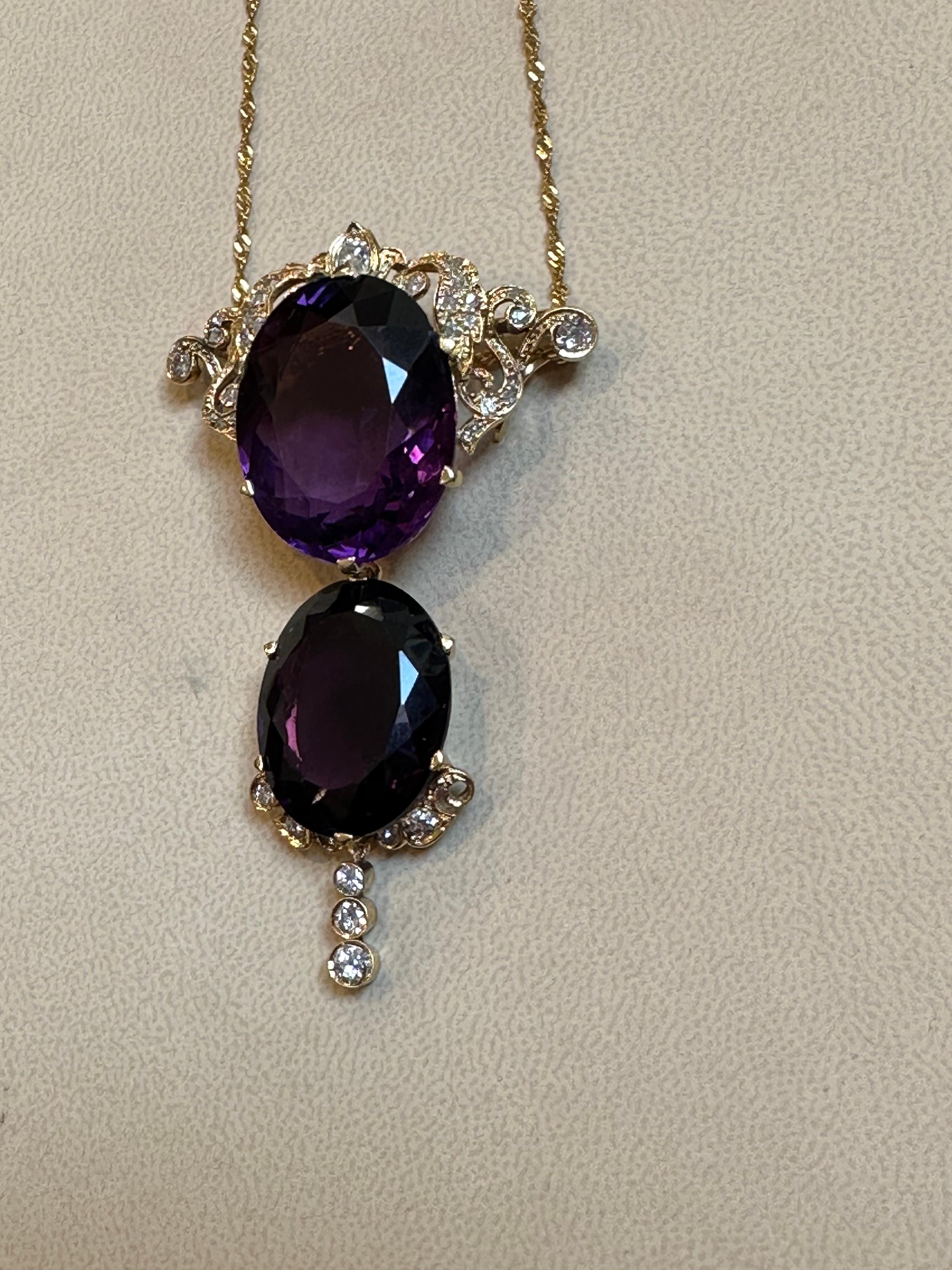 Huge Two Oval Shape Amethyst Pendant Necklace/ Pin & Diamonds 14 Kt Yellow Gold  For Sale 9