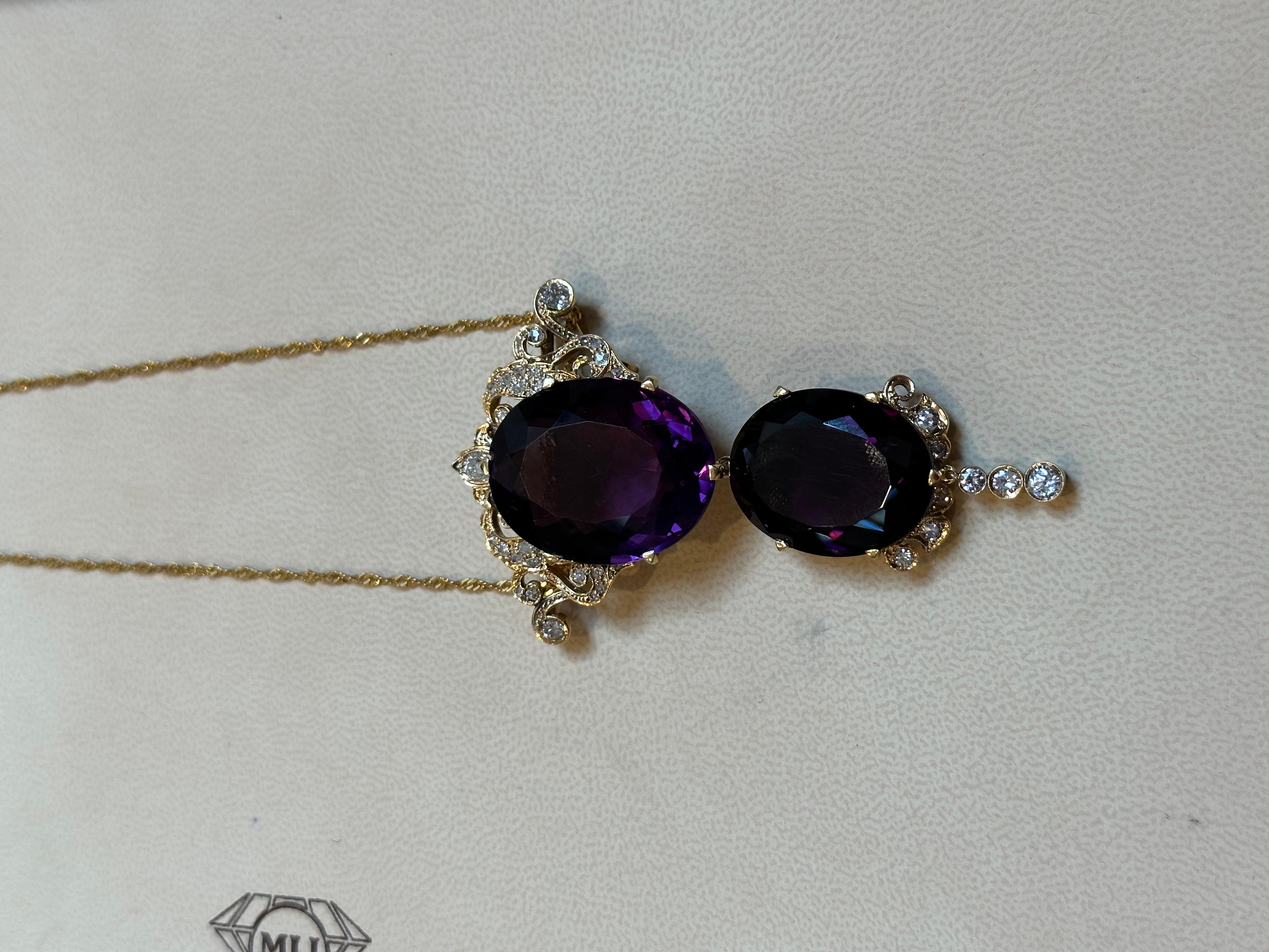 Huge Two Oval Shape Amethyst Pendant Necklace/ Pin & Diamonds 14 Kt Yellow Gold  For Sale 10