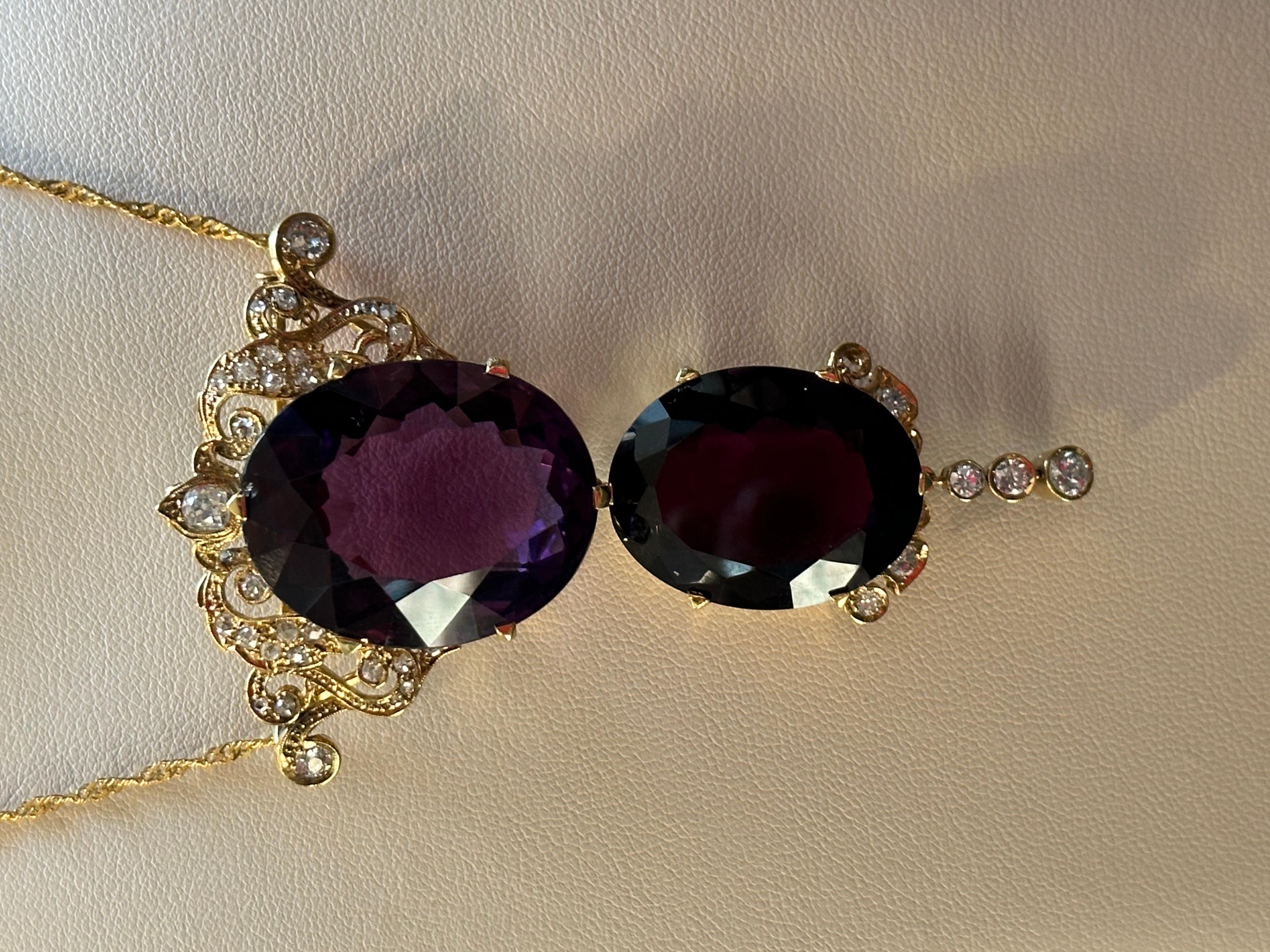 Huge Two Oval Shape Amethyst Pendant Necklace/ Pin & Diamonds 14 Kt Yellow Gold  For Sale 12
