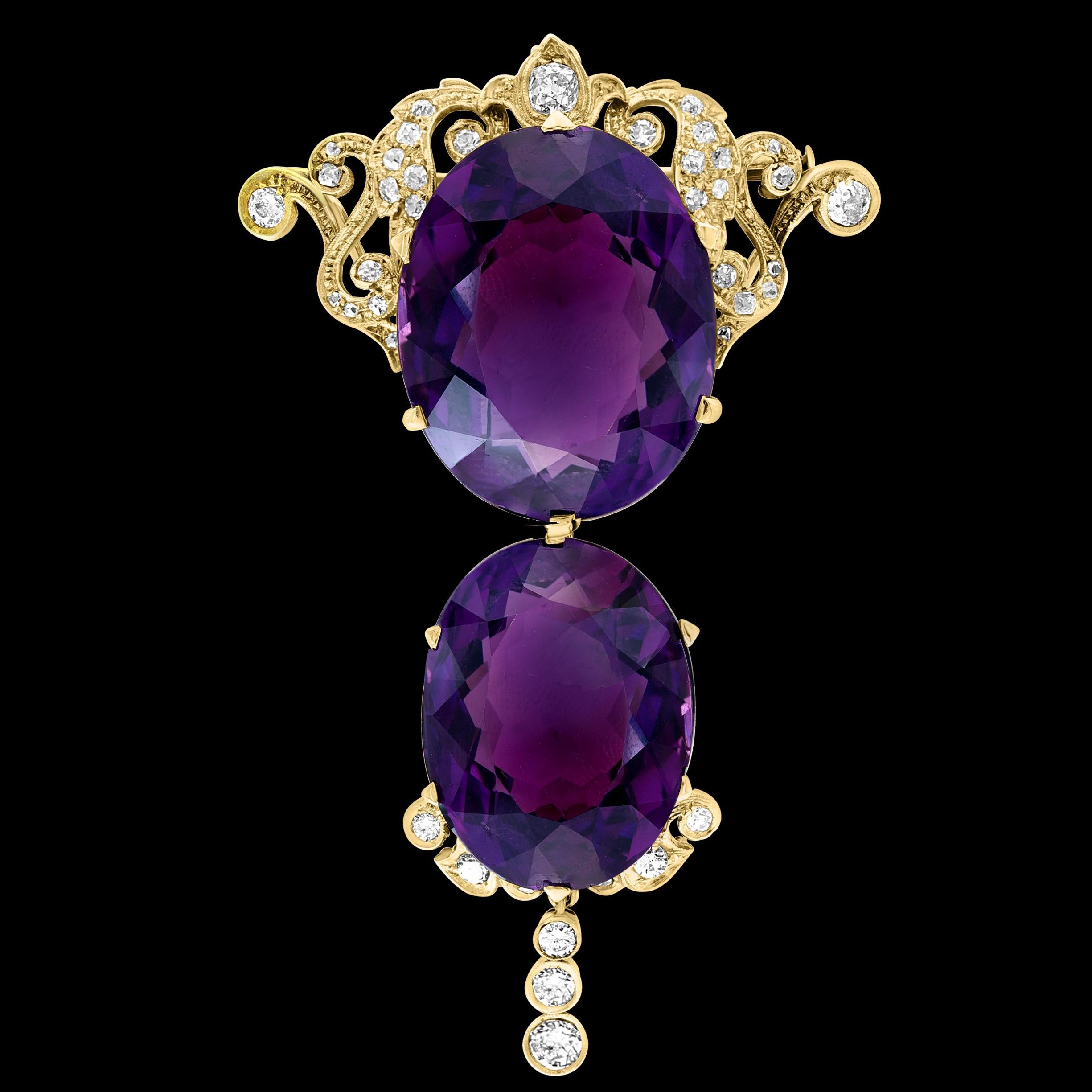 Oval Cut Huge Two Oval Shape Amethyst Pendant Necklace/ Pin & Diamonds 14 Kt Yellow Gold  For Sale