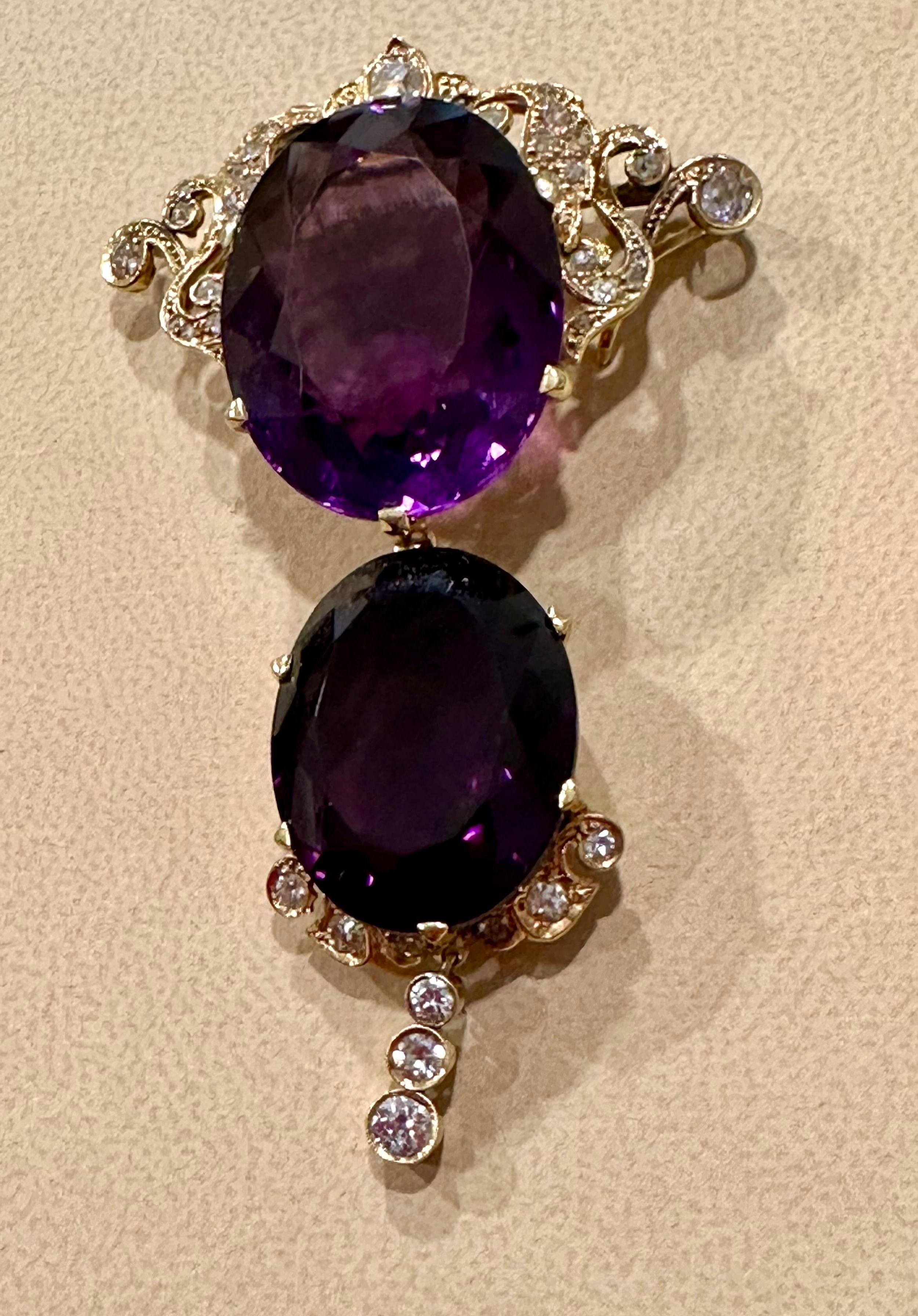 Huge Two Oval Shape Amethyst Pendant Necklace/ Pin & Diamonds 14 Kt Yellow Gold  In Excellent Condition For Sale In New York, NY