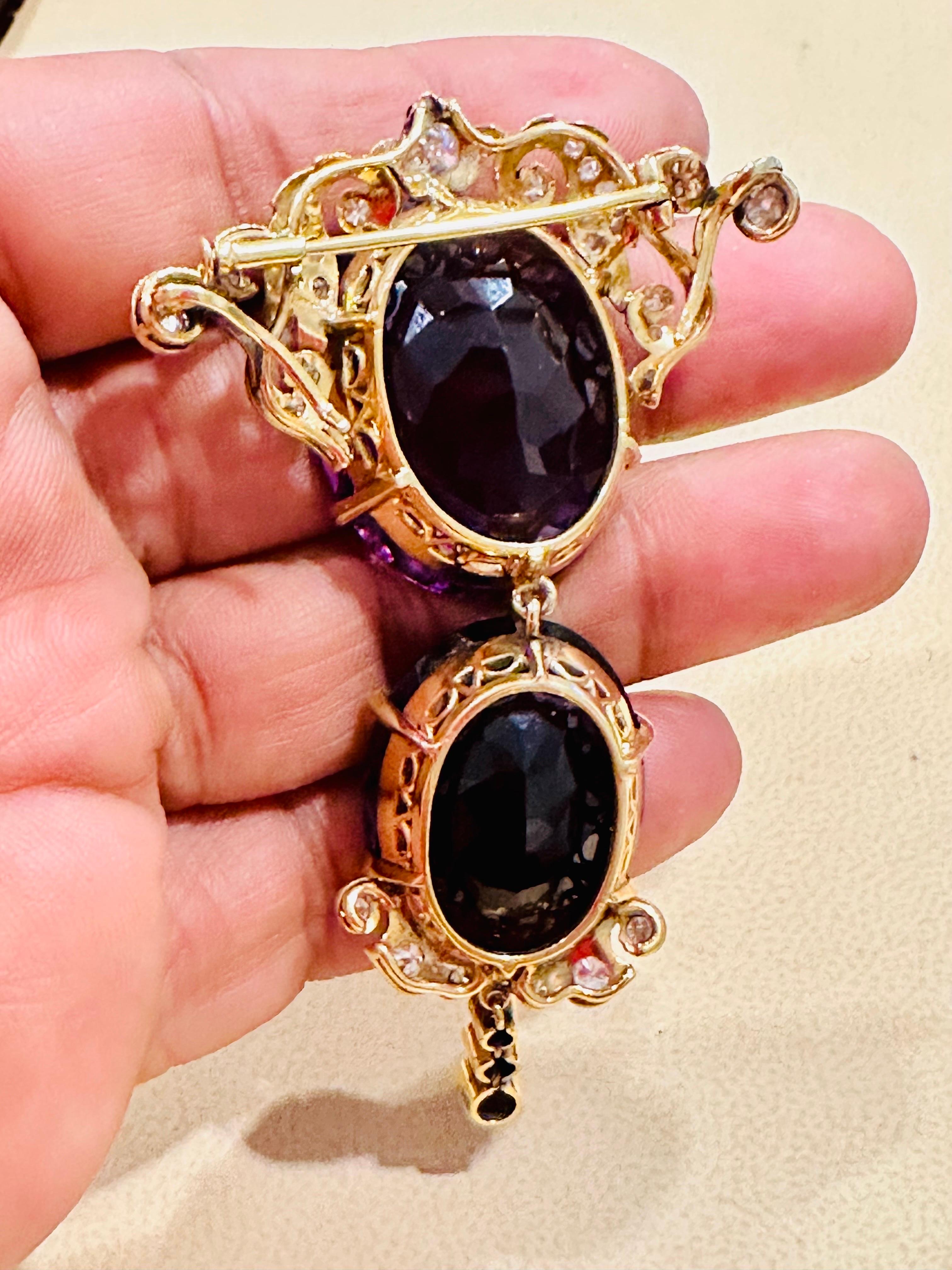 Huge Two Oval Shape Amethyst Pendant Necklace/ Pin & Diamonds 14 Kt Yellow Gold  For Sale 1