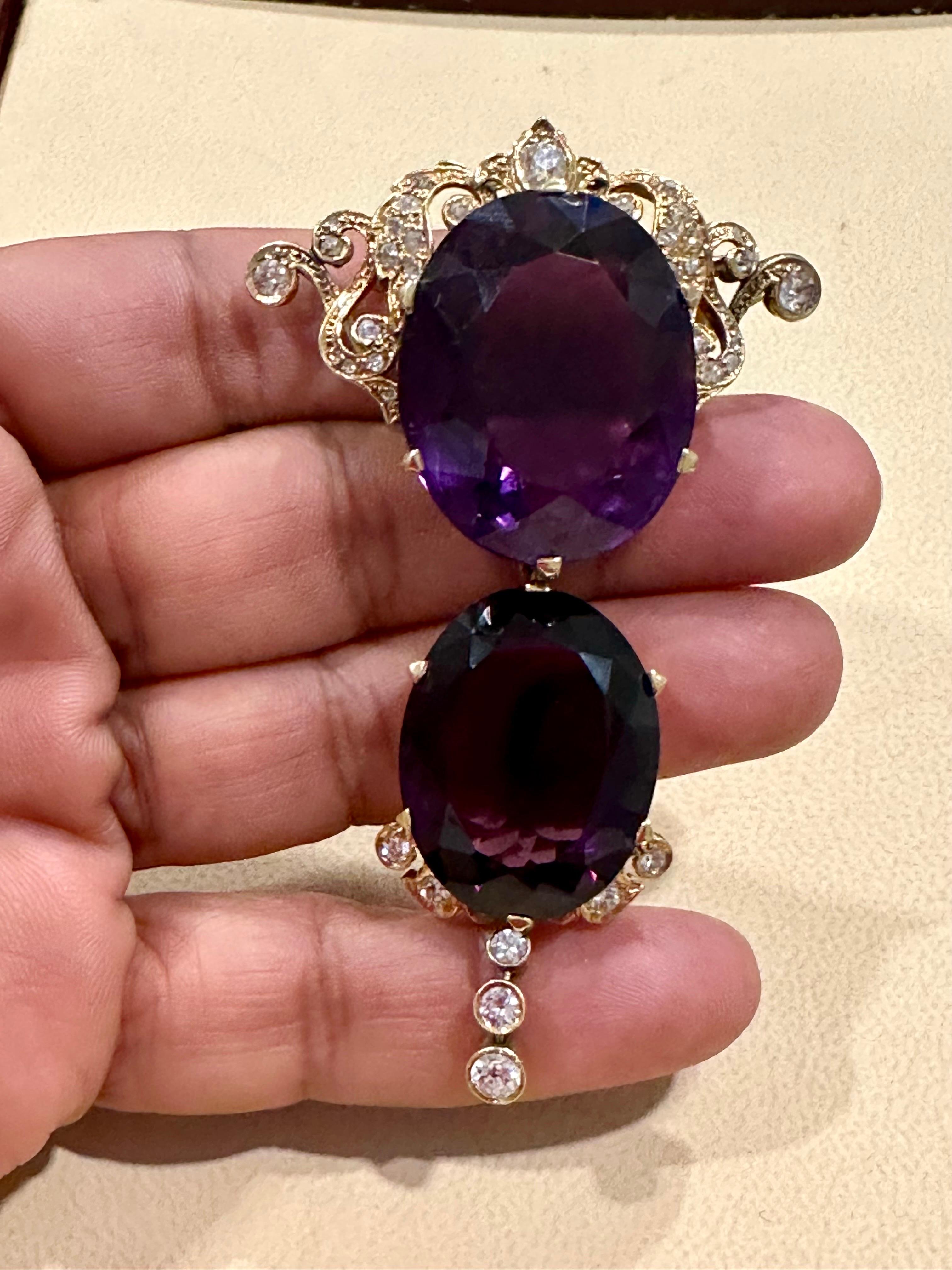 Huge Two Oval Shape Amethyst Pendant Necklace/ Pin & Diamonds 14 Kt Yellow Gold  For Sale 2