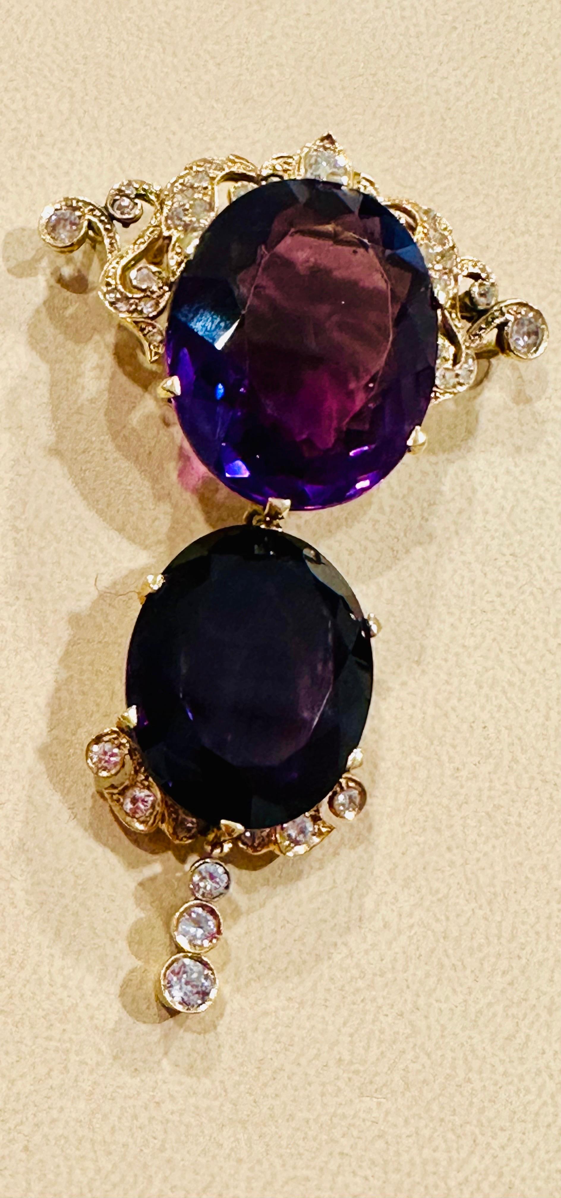 Huge Two Oval Shape Amethyst Pendant Necklace/ Pin & Diamonds 14 Kt Yellow Gold  For Sale 3