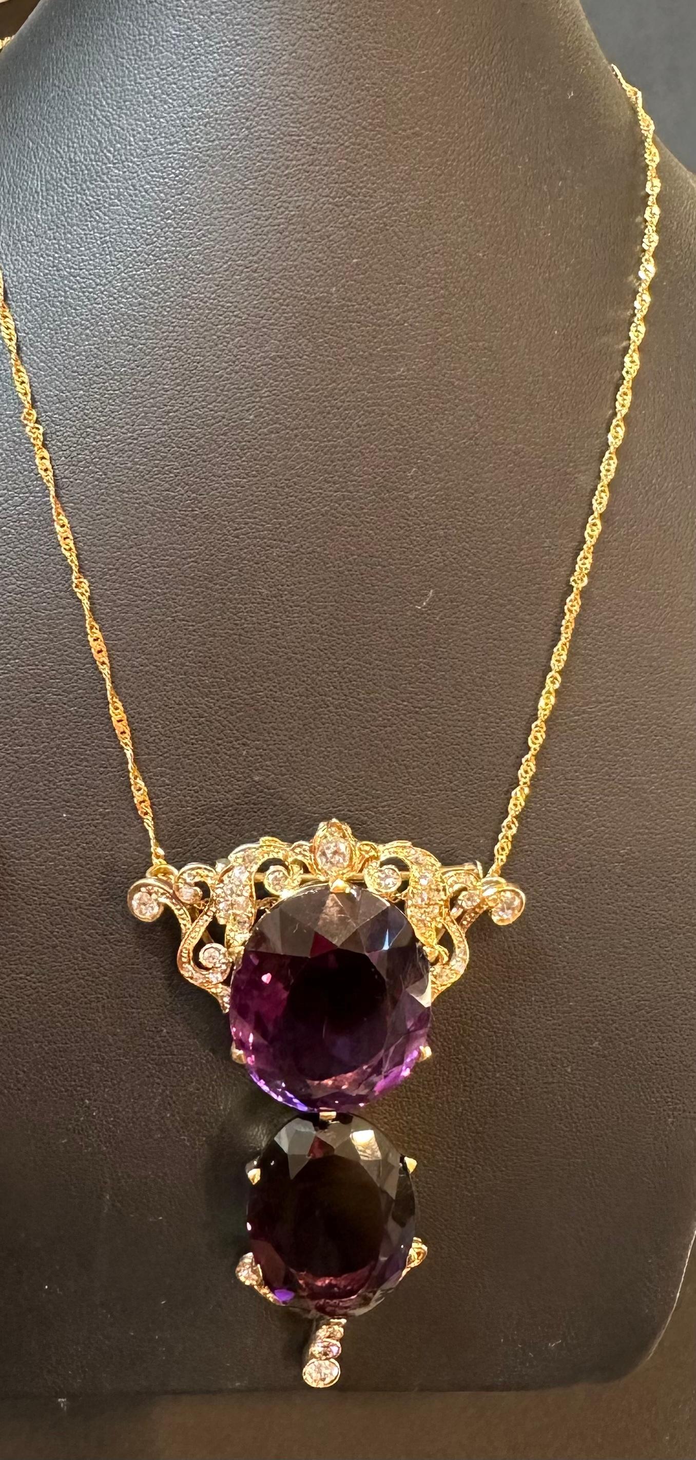 Huge Two Oval Shape Amethyst Pendant Necklace/ Pin & Diamonds 14 Kt Yellow Gold  For Sale 4