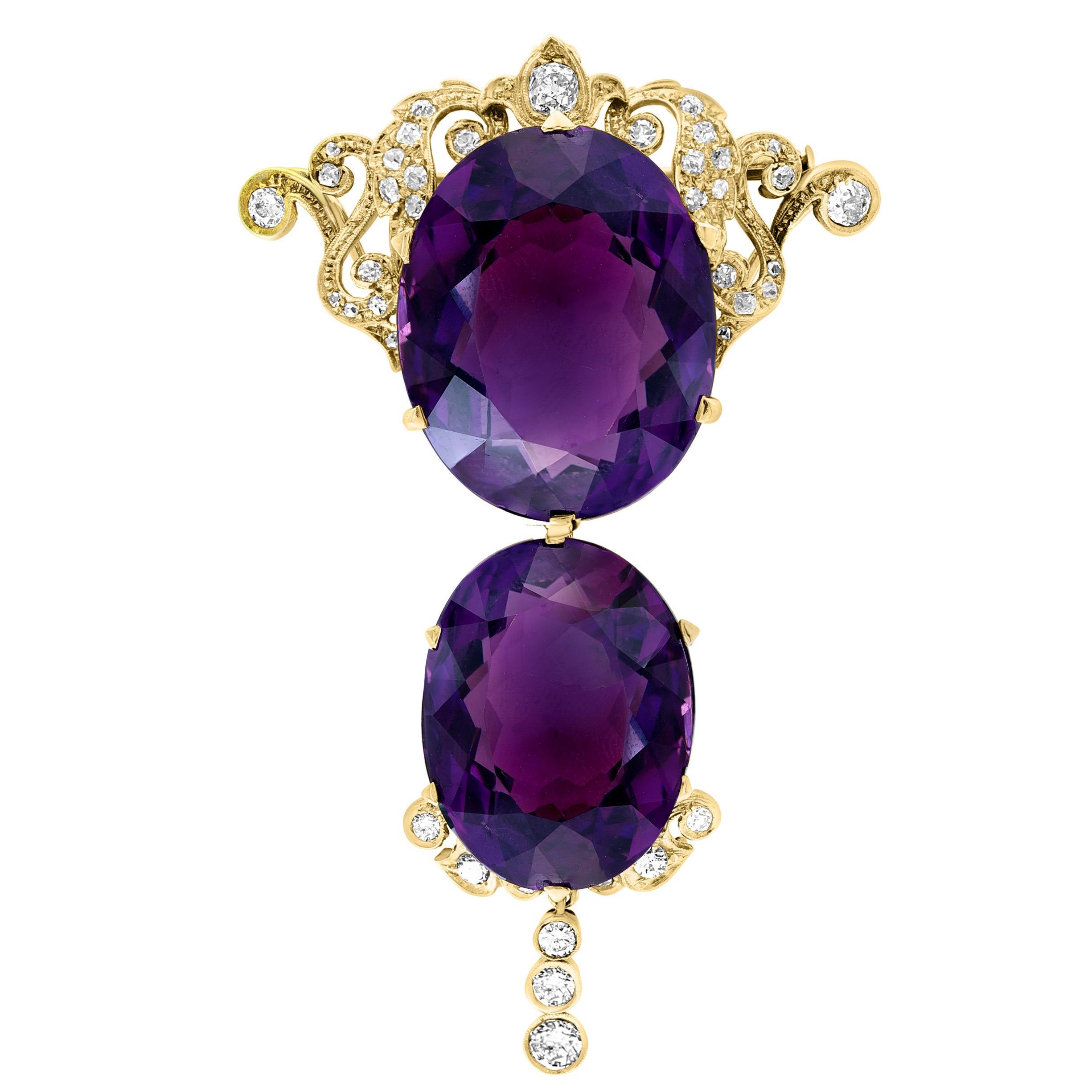 Huge Two Oval Shape Amethyst Pendant Necklace/ Pin & Diamonds 14 Kt Yellow Gold  For Sale