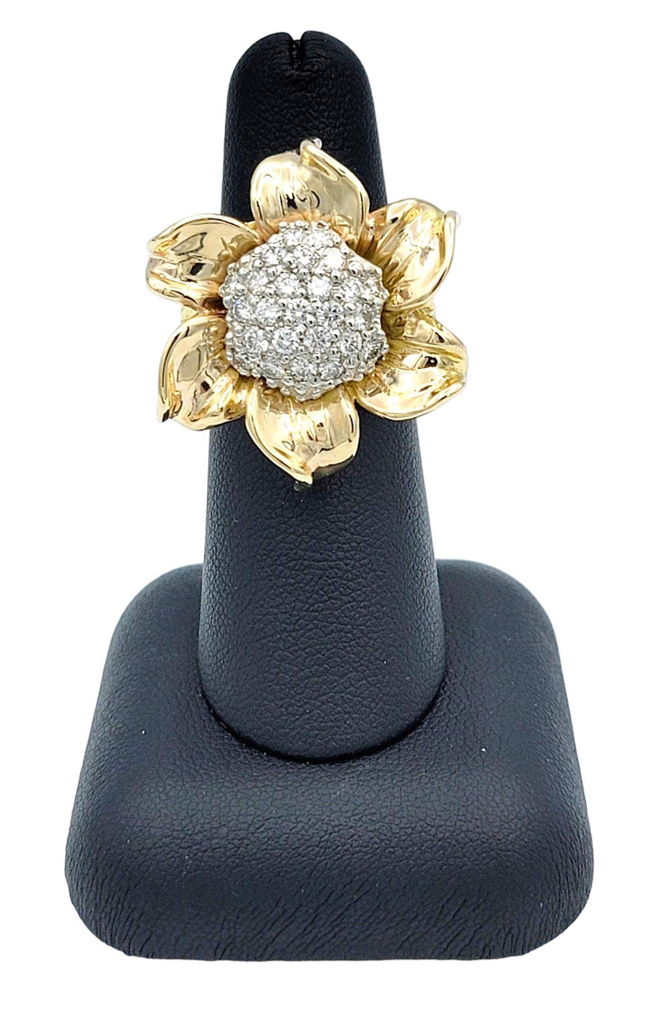 Huge Two-Tone 18 Karat Gold Sunflower Cocktail Ring with Diamond Cluster Center For Sale 4