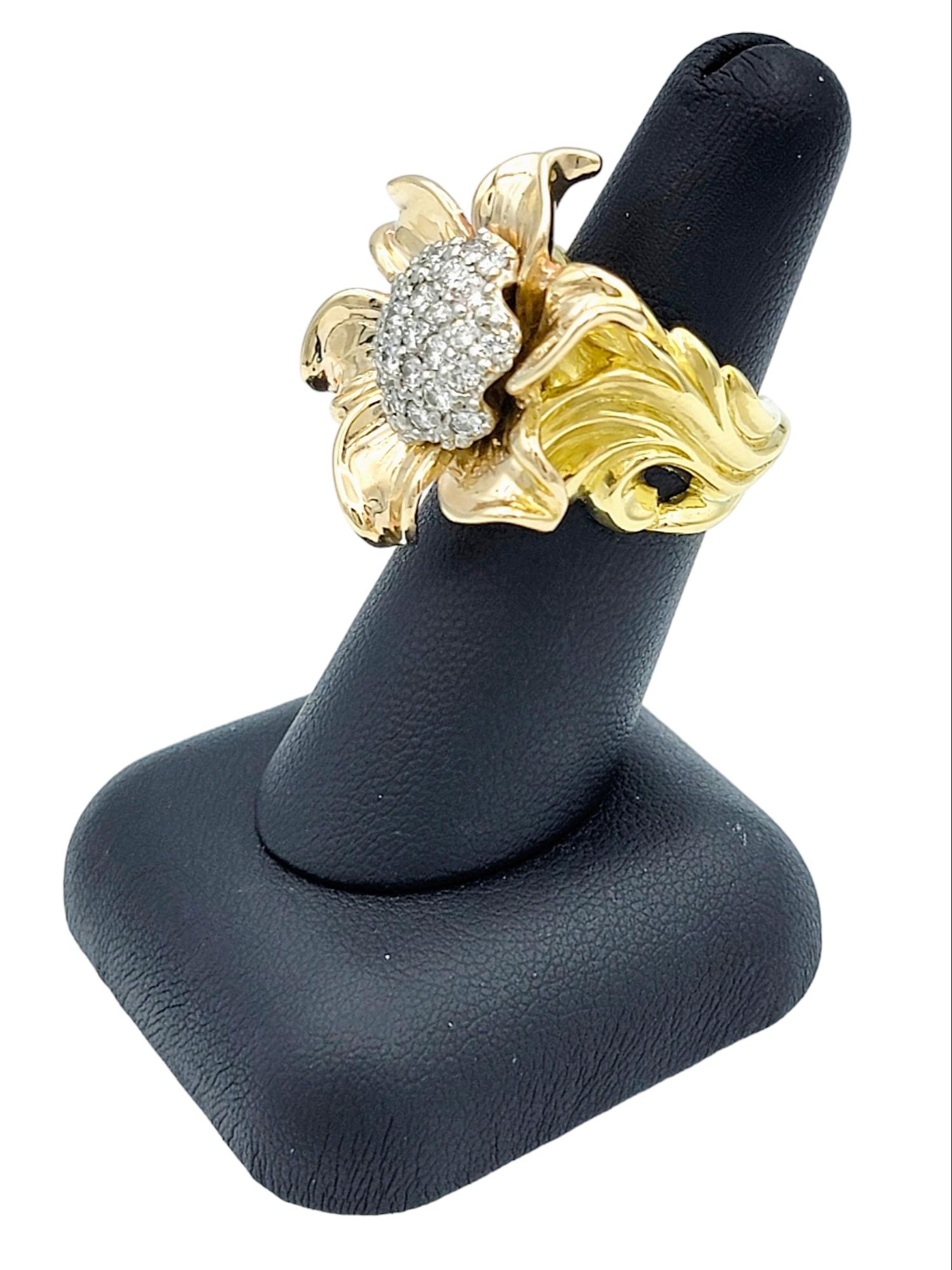 Huge Two-Tone 18 Karat Gold Sunflower Cocktail Ring with Diamond Cluster Center For Sale 5