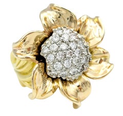 Huge Textured Sunflower Cocktail Ring with Diamond Cluster Center in 18K Gold