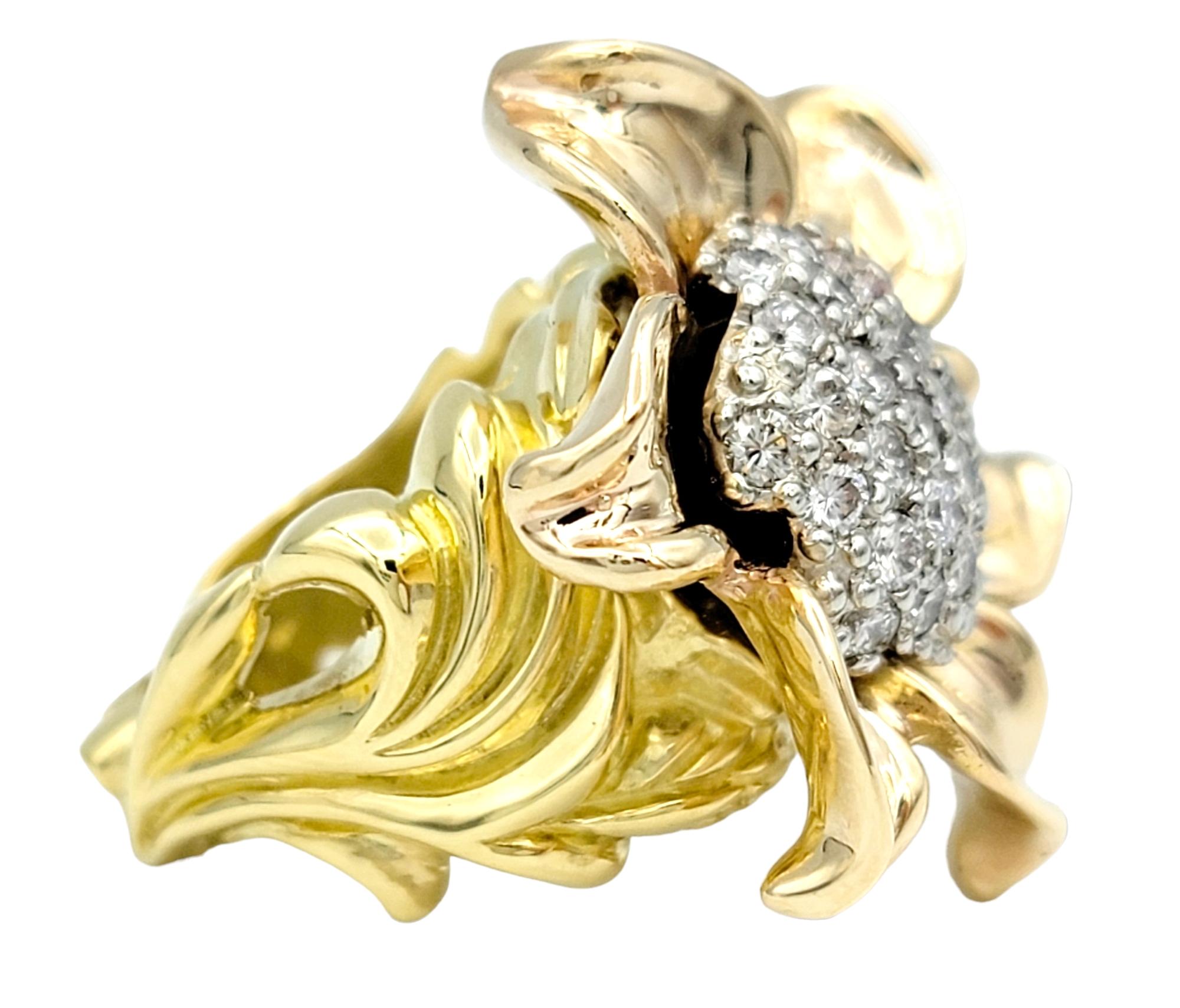 Contemporary Huge Two-Tone 18 Karat Gold Sunflower Cocktail Ring with Diamond Cluster Center For Sale