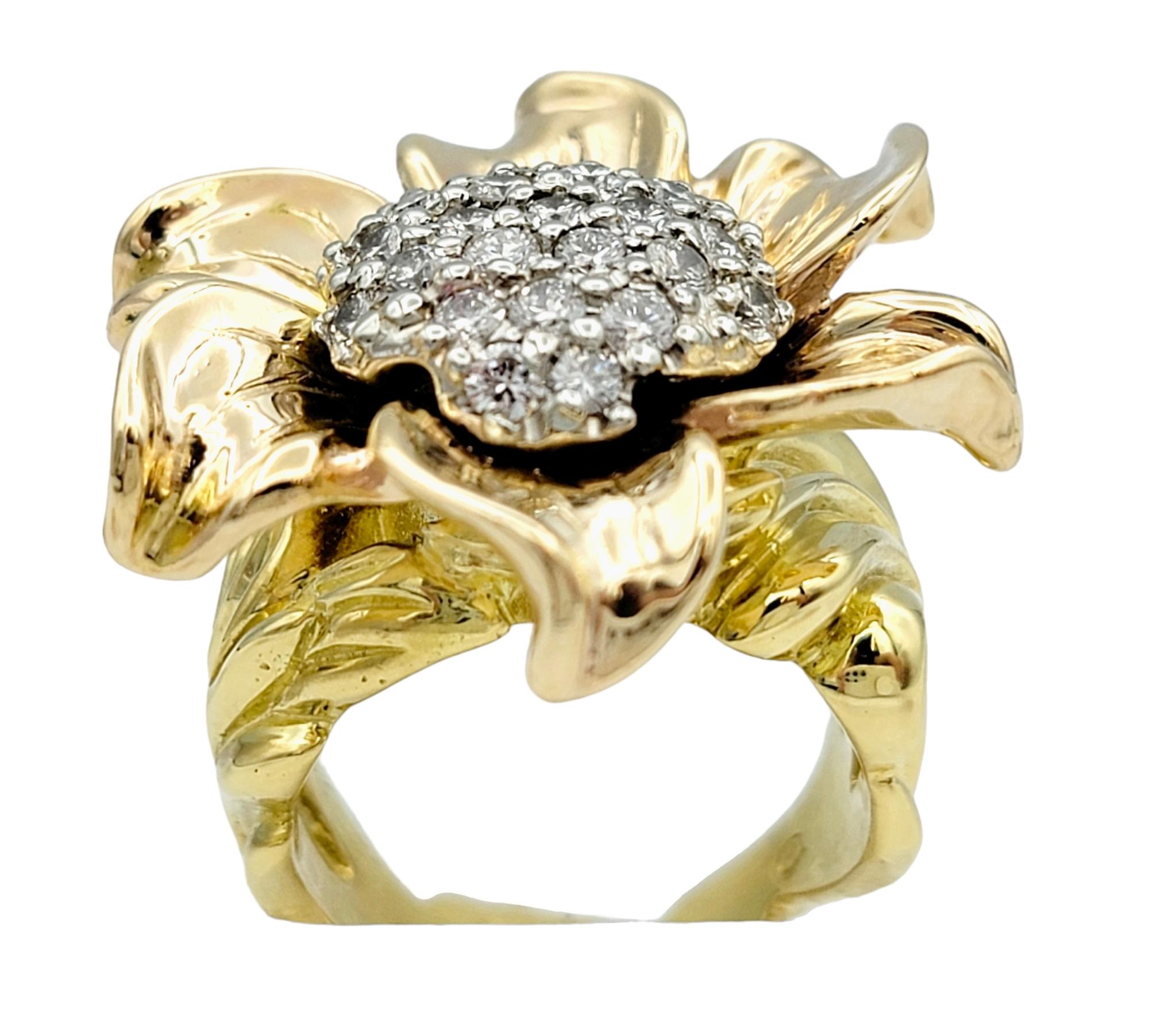 Round Cut Huge Two-Tone 18 Karat Gold Sunflower Cocktail Ring with Diamond Cluster Center For Sale