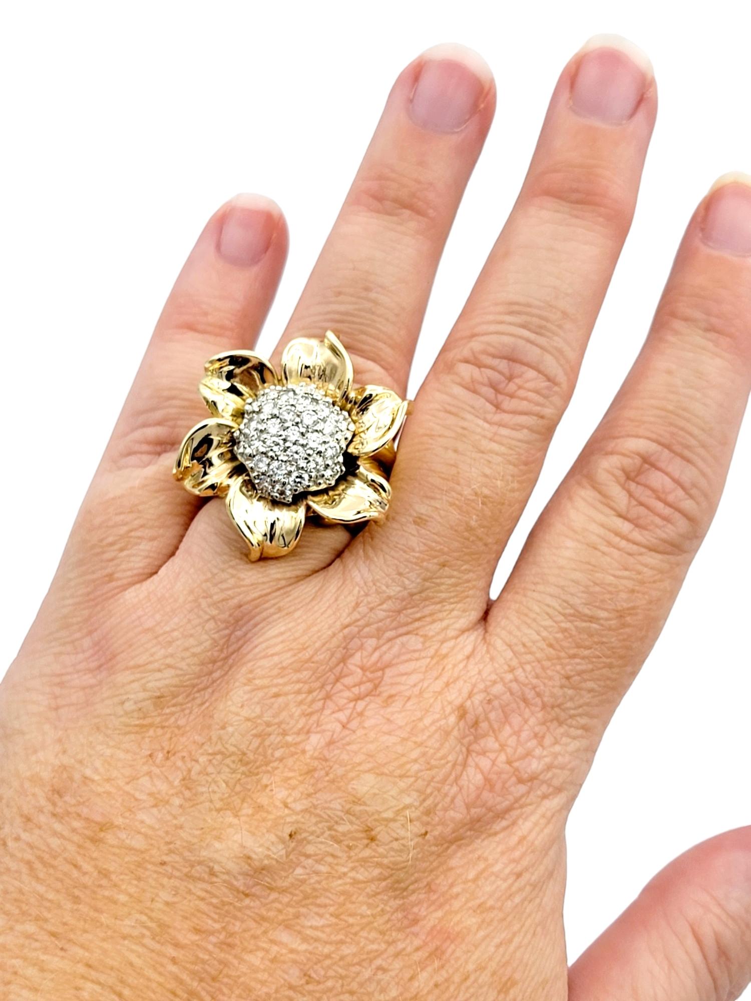 Huge Two-Tone 18 Karat Gold Sunflower Cocktail Ring with Diamond Cluster Center For Sale 2