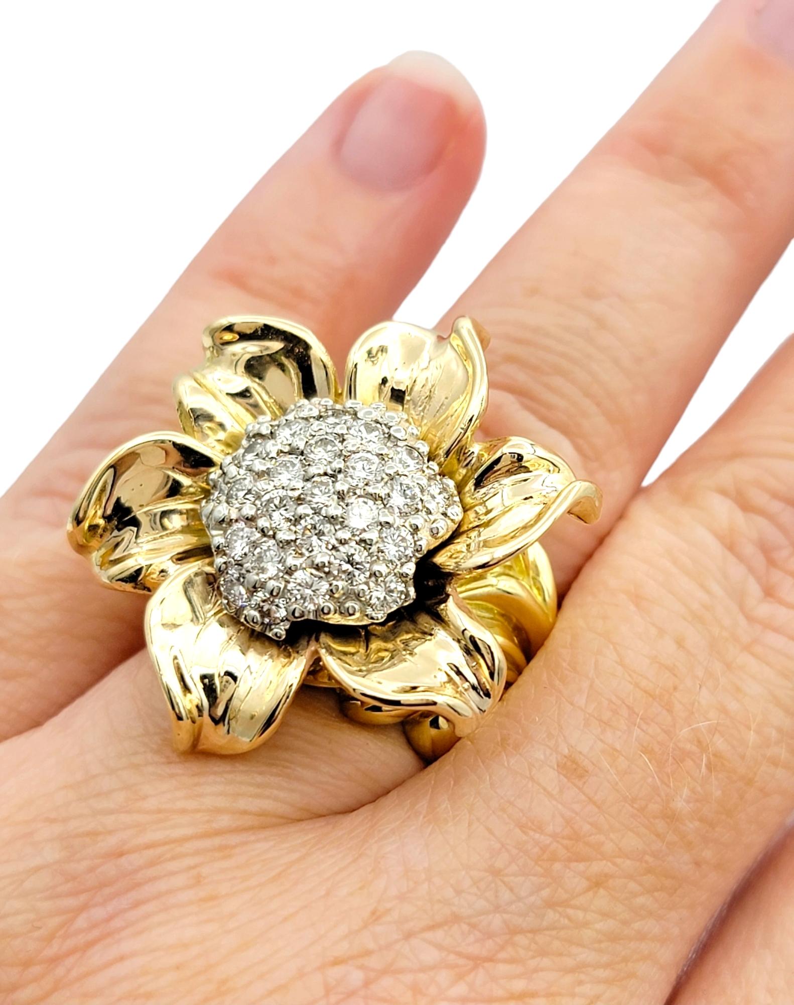 Huge Two-Tone 18 Karat Gold Sunflower Cocktail Ring with Diamond Cluster Center For Sale 3