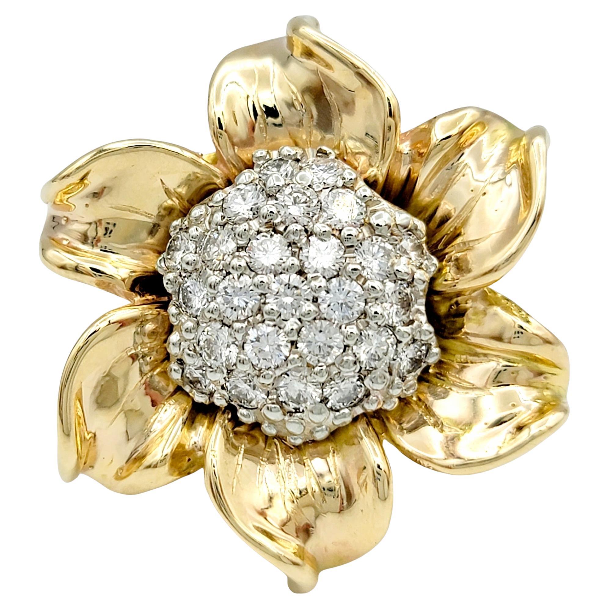 Huge Two-Tone 18 Karat Gold Sunflower Cocktail Ring with Diamond Cluster Center