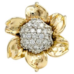 Huge Two-Tone 18 Karat Gold Sunflower Cocktail Ring with Diamond Cluster Center